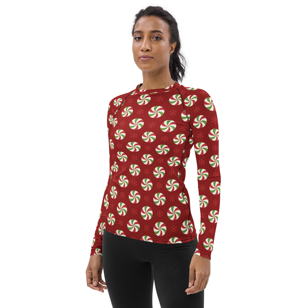 Women's Peppermint Christmas Long Sleeve Rash Guard Swim Shirt – Buttery Soft, Sun Safe UPF 50+ Protection, Quick Dry & 4-Way Stretch Comfort