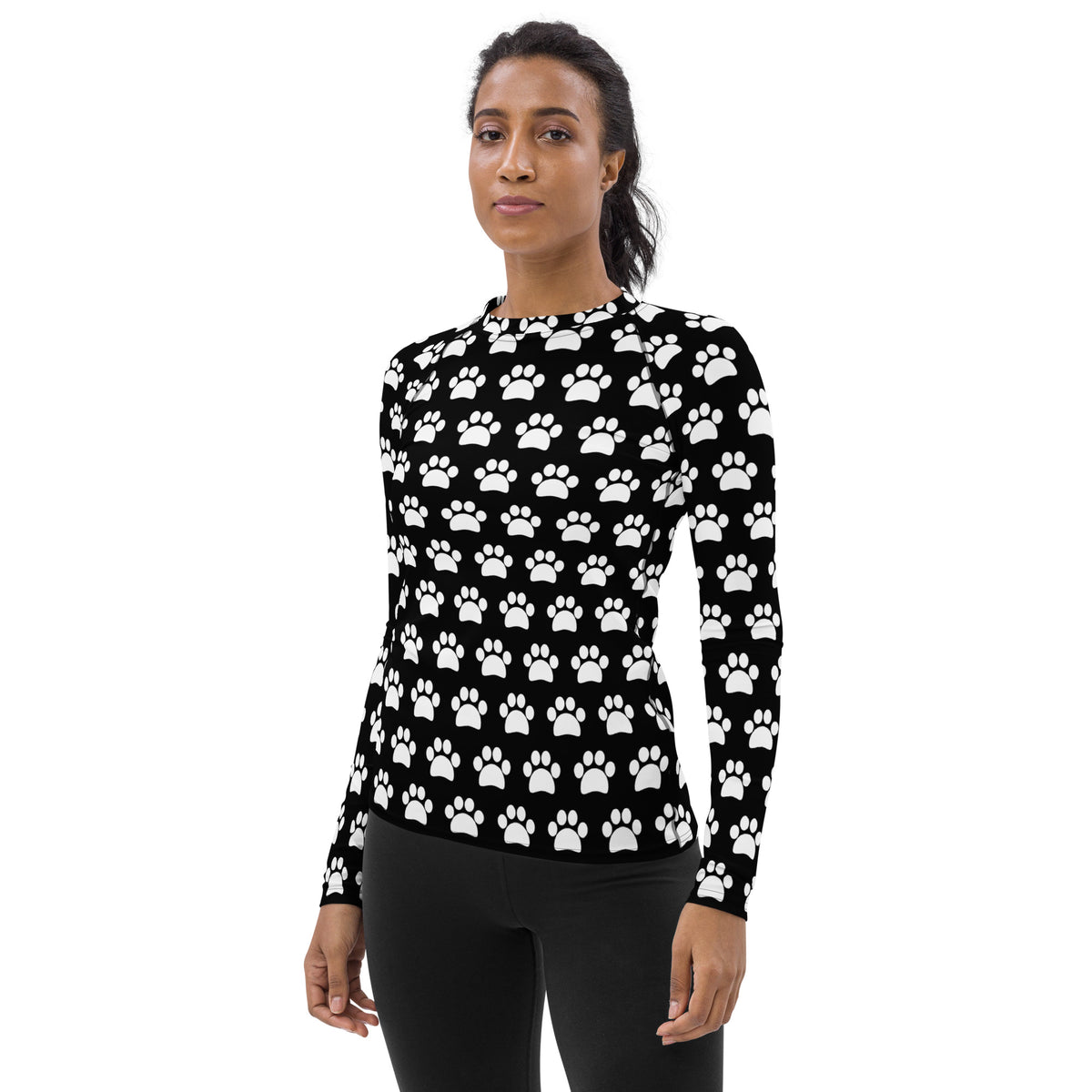 Women's Black Paw Print Long Sleeve Rash Guard Swim Shirt – Buttery Soft, Sun Safe UPF 50+ Protection, Quick Dry & 4-Way Stretch Comfort