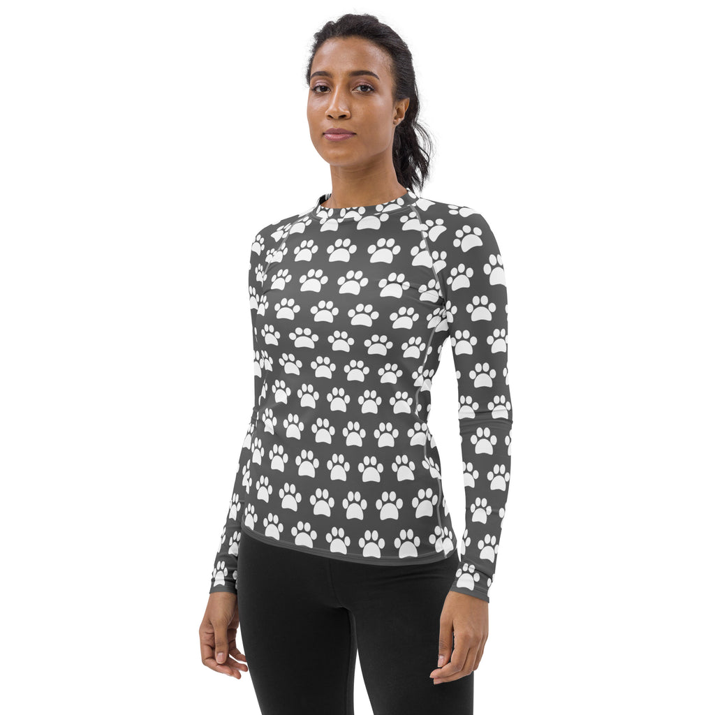 Women's Gray Paw Print Long Sleeve Rash Guard Swim Shirt – Buttery Soft, Sun Safe UPF 50+ Protection, Quick Dry & 4-Way Stretch Comfort