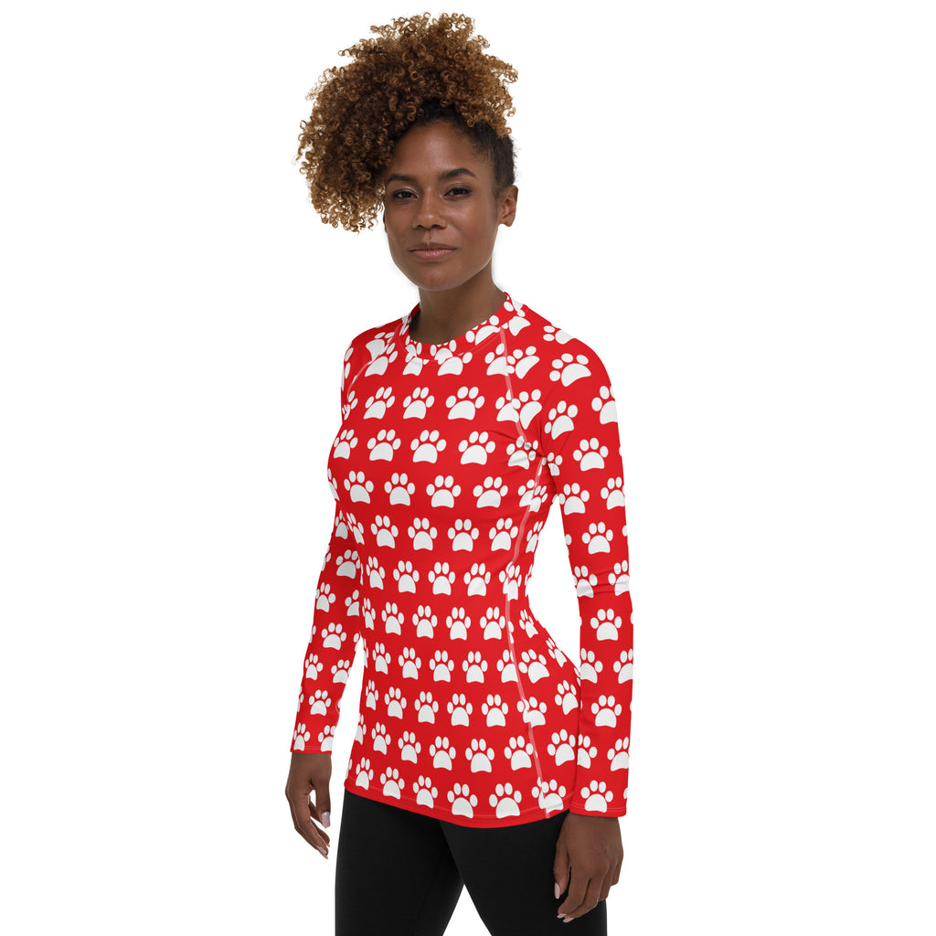 Women's Red Paw Print Long Sleeve Rash Guard Swim Shirt – Buttery Soft, Sun Safe UPF 50+ Protection, Quick Dry & 4-Way Stretch Comfort
