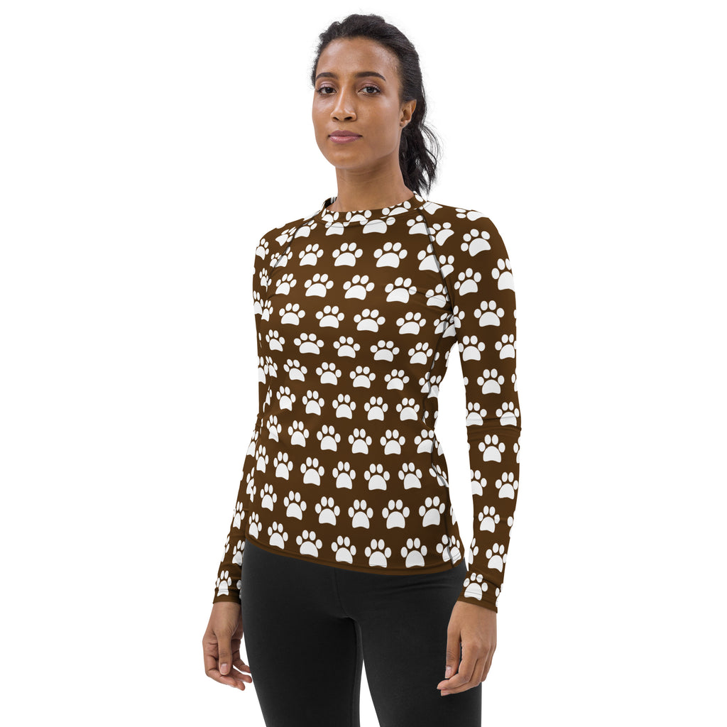 Women's Brown Paw Print Long Sleeve Rash Guard Swim Shirt – Buttery Soft, Sun Safe UPF 50+ Protection, Quick Dry & 4-Way Stretch Comfort