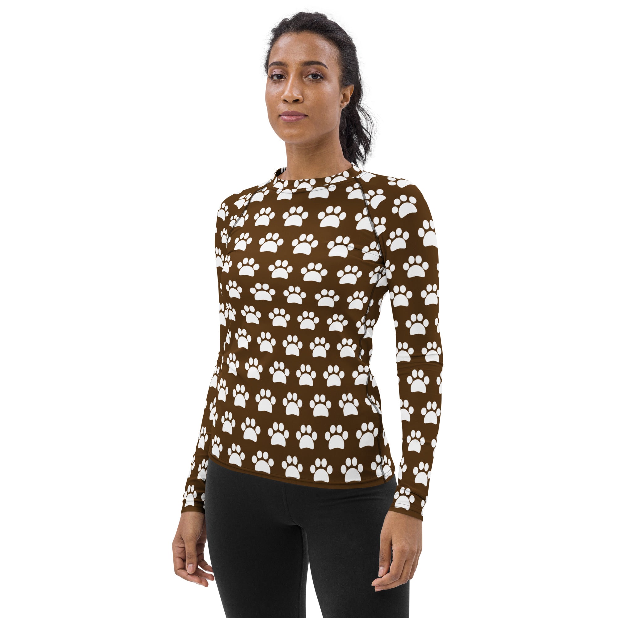 Women's Brown Paw Print Long Sleeve Rash Guard Swim Shirt – Buttery Soft, Sun Safe UPF 50+ Protection, Quick Dry & 4-Way Stretch Comfort