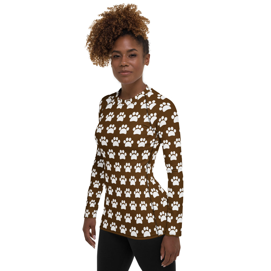 Women's Brown Paw Print Long Sleeve Rash Guard Swim Shirt – Buttery Soft, Sun Safe UPF 50+ Protection, Quick Dry & 4-Way Stretch Comfort
