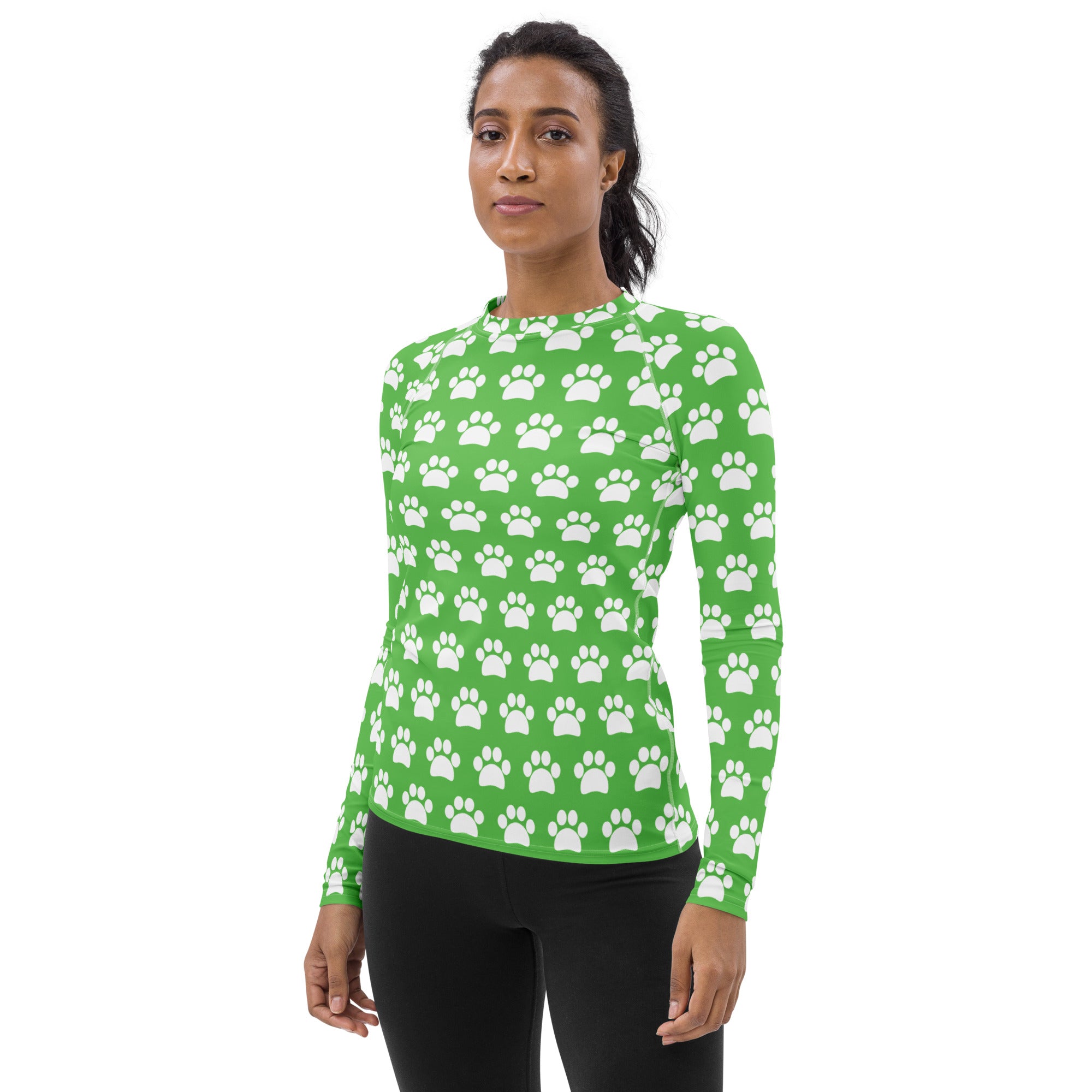 Women's Green Paw Print Long Sleeve Rash Guard Swim Shirt – Buttery Soft, Sun Safe UPF 50+ Protection, Quick Dry & 4-Way Stretch Comfort