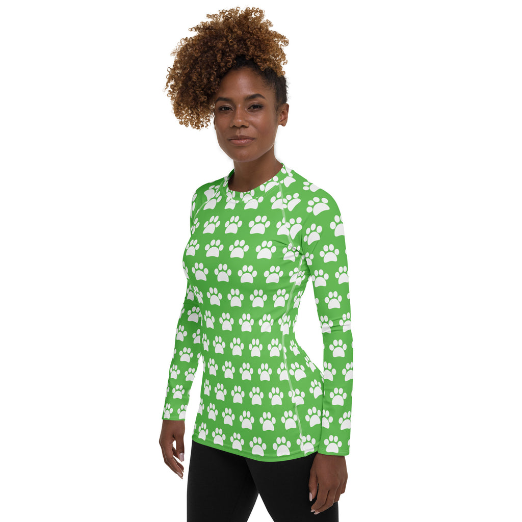 Women's Green Paw Print Long Sleeve Rash Guard Swim Shirt – Buttery Soft, Sun Safe UPF 50+ Protection, Quick Dry & 4-Way Stretch Comfort