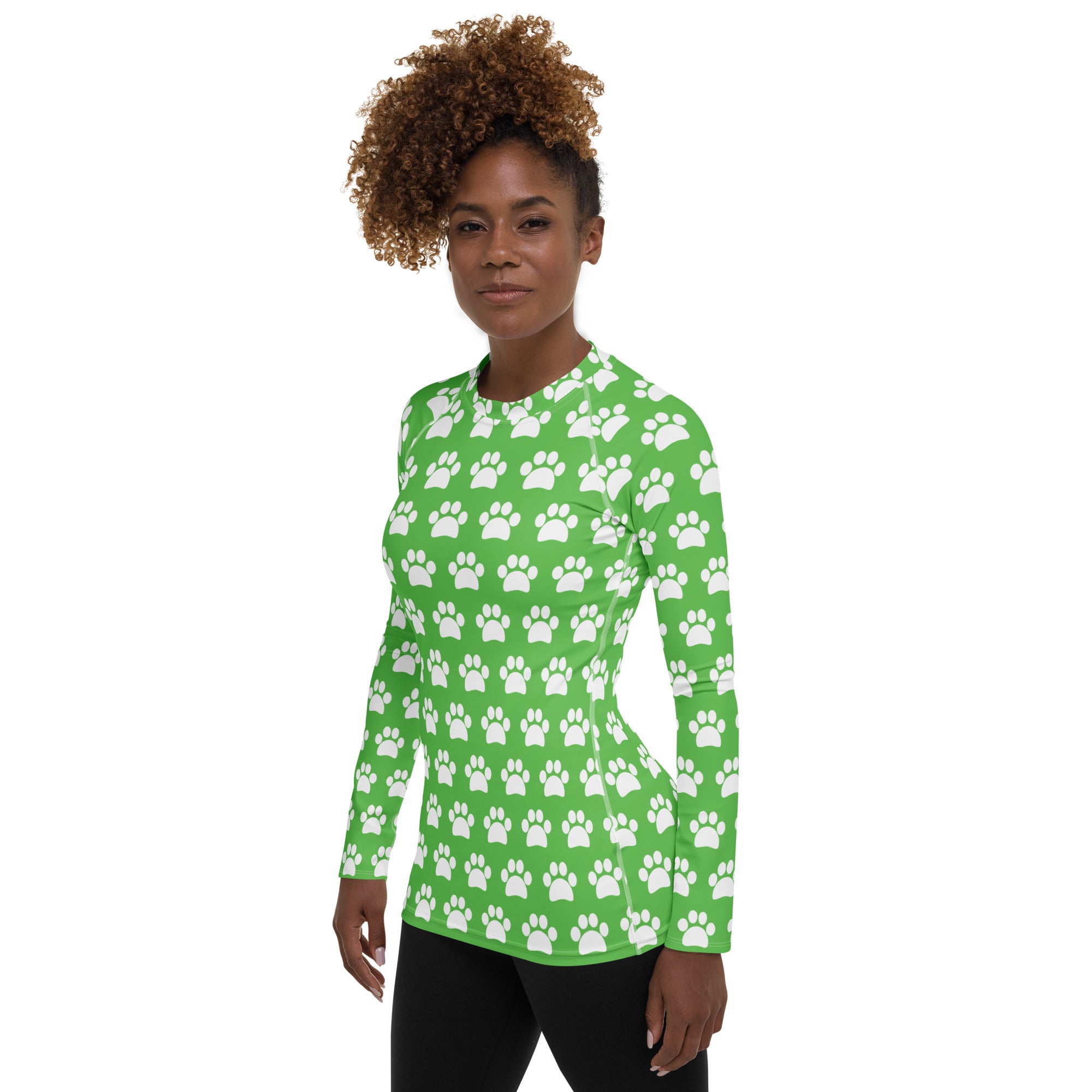 Women's Green Paw Print Long Sleeve Rash Guard Swim Shirt – Buttery Soft, Sun Safe UPF 50+ Protection, Quick Dry & 4-Way Stretch Comfort