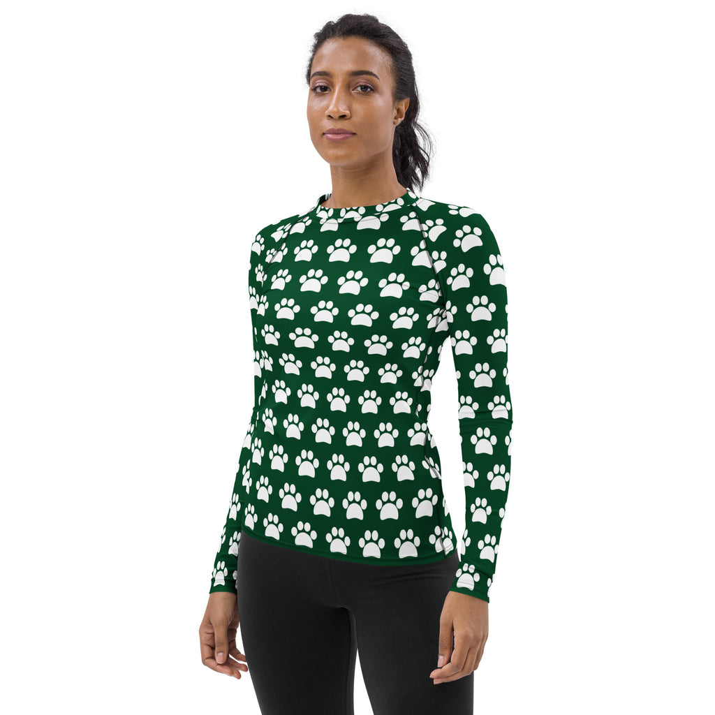 Women's Forest Green Paw Print Long Sleeve Rash Guard Swim Shirt – Buttery Soft, Sun Safe UPF 50+ Protection, Quick Dry & 4-Way Stretch Comfort