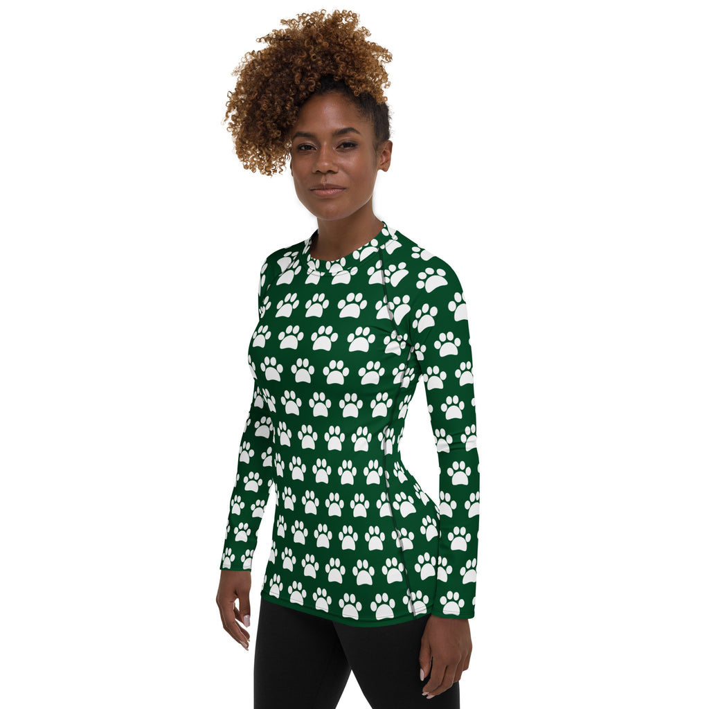 Women's Forest Green Paw Print Long Sleeve Rash Guard Swim Shirt – Buttery Soft, Sun Safe UPF 50+ Protection, Quick Dry & 4-Way Stretch Comfort
