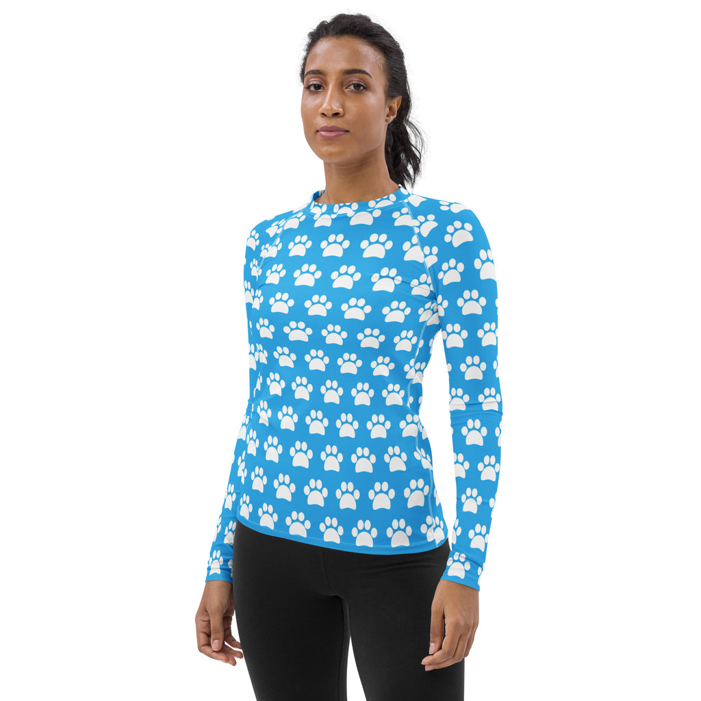 Women's Light Blue Paw Print Long Sleeve Rash Guard Swim Shirt – Buttery Soft, Sun Safe UPF 50+ Protection, Quick Dry & 4-Way Stretch Comfort