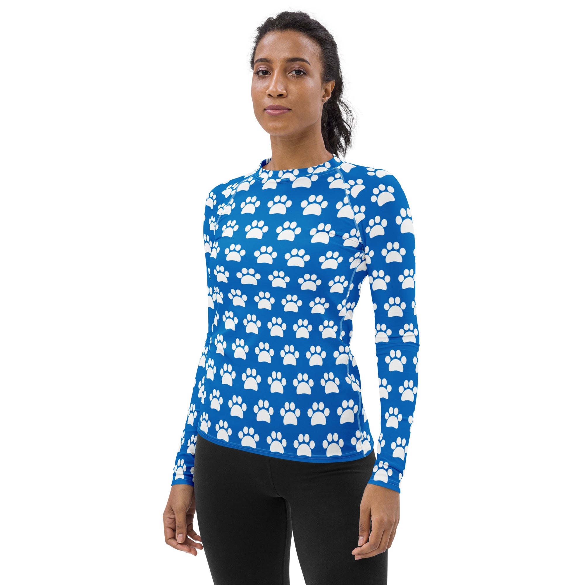 Women's Blue Paw Print Long Sleeve Rash Guard Swim Shirt – Buttery Soft, Sun Safe UPF 50+ Protection, Quick Dry & 4-Way Stretch Comfort