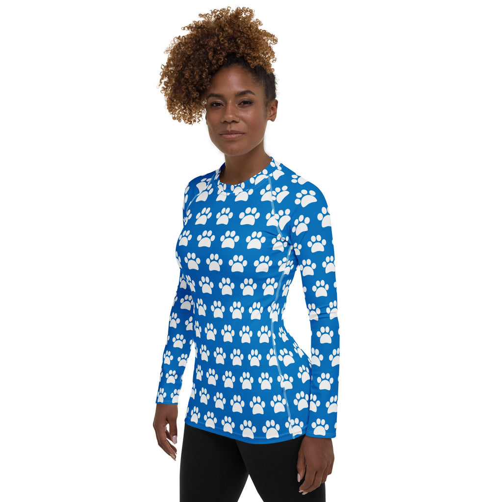 Women's Blue Paw Print Long Sleeve Rash Guard Swim Shirt – Buttery Soft, Sun Safe UPF 50+ Protection, Quick Dry & 4-Way Stretch Comfort