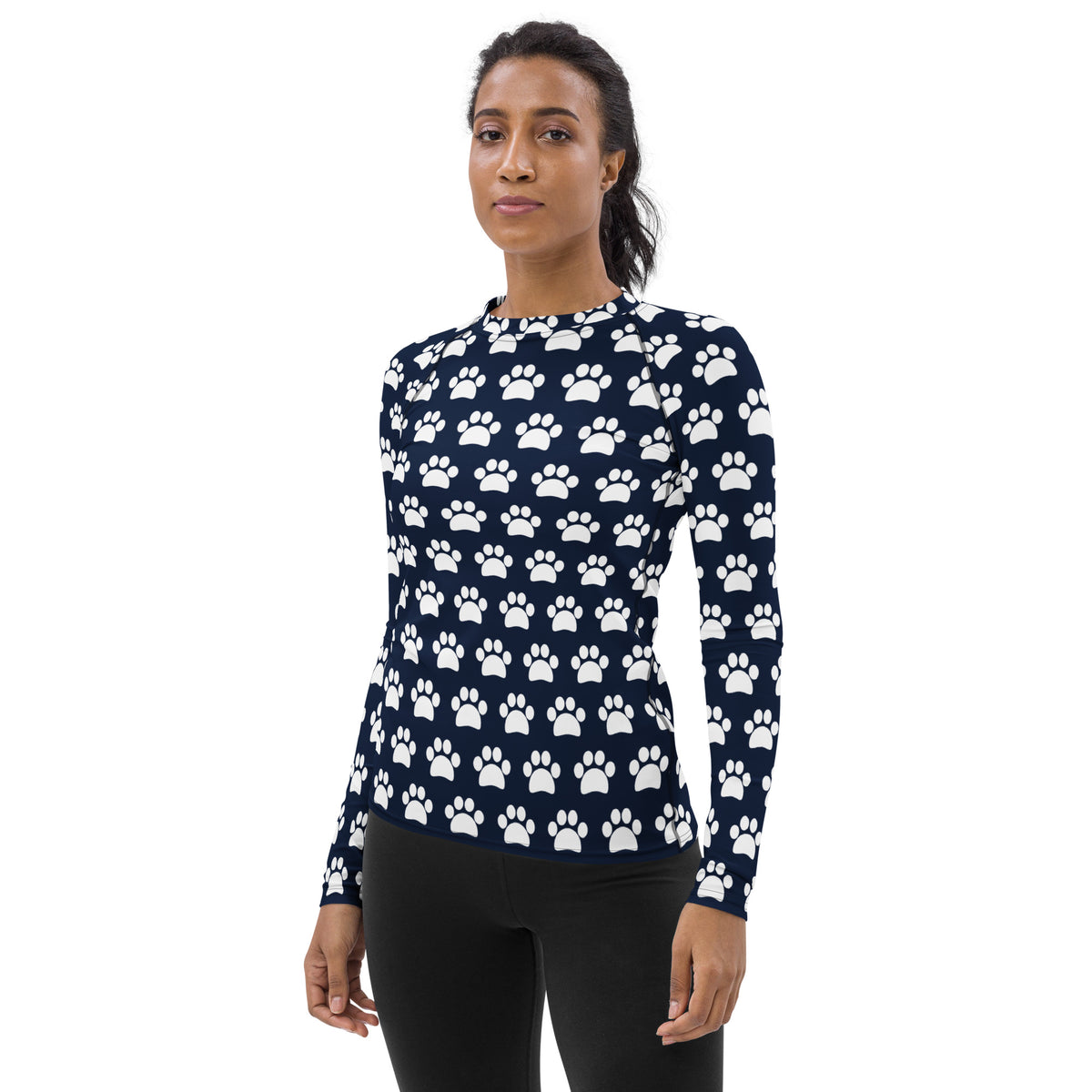 Women's Navy Blue Paw Print Long Sleeve Rash Guard Swim Shirt – Buttery Soft, Sun Safe UPF 50+ Protection, Quick Dry & 4-Way Stretch Comfort