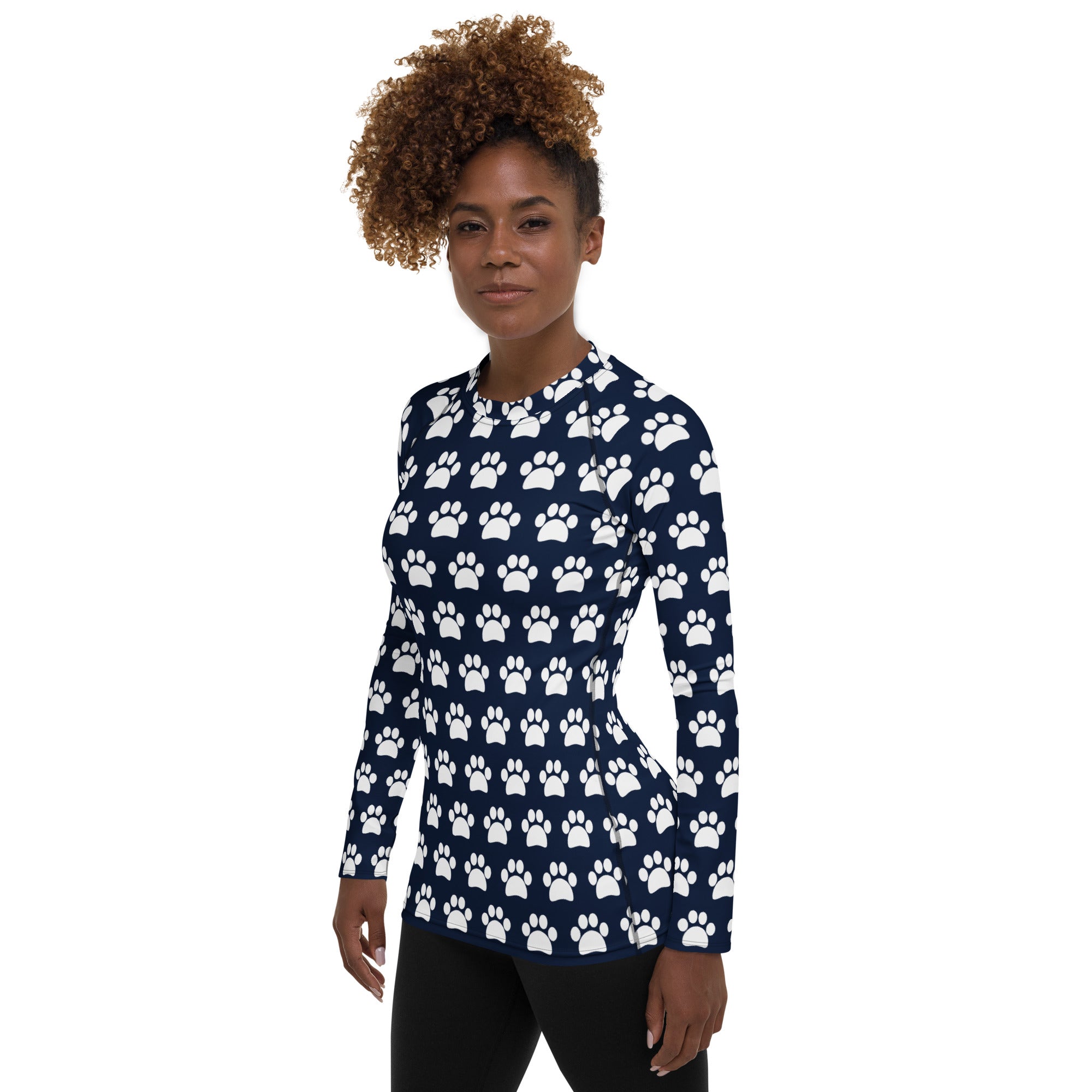 Women's Navy Blue Paw Print Long Sleeve Rash Guard Swim Shirt – Buttery Soft, Sun Safe UPF 50+ Protection, Quick Dry & 4-Way Stretch Comfort