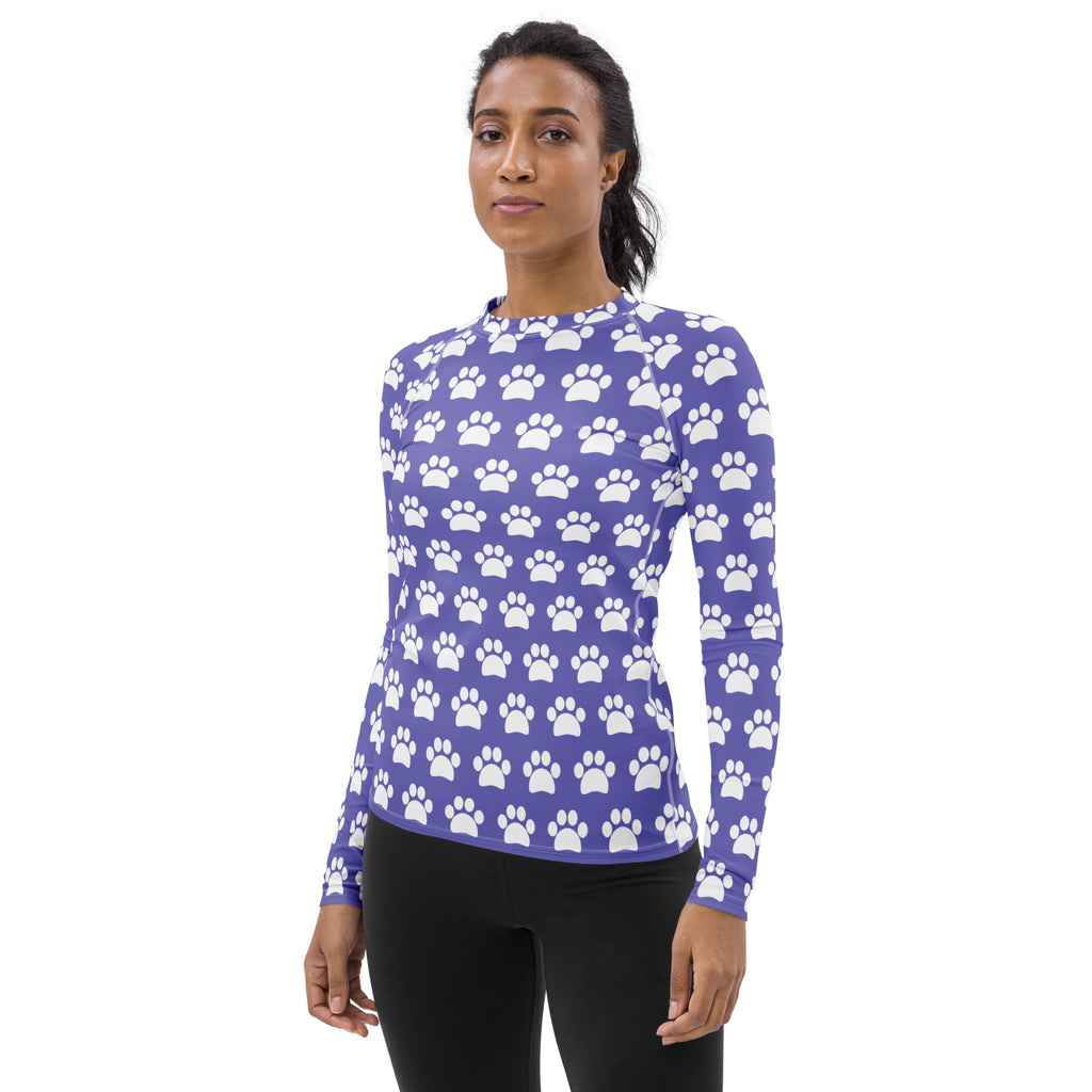 Women's Purple Paw Print Long Sleeve Rash Guard Swim Shirt – Buttery Soft, Sun Safe UPF 50+ Protection, Quick Dry & 4-Way Stretch Comfort