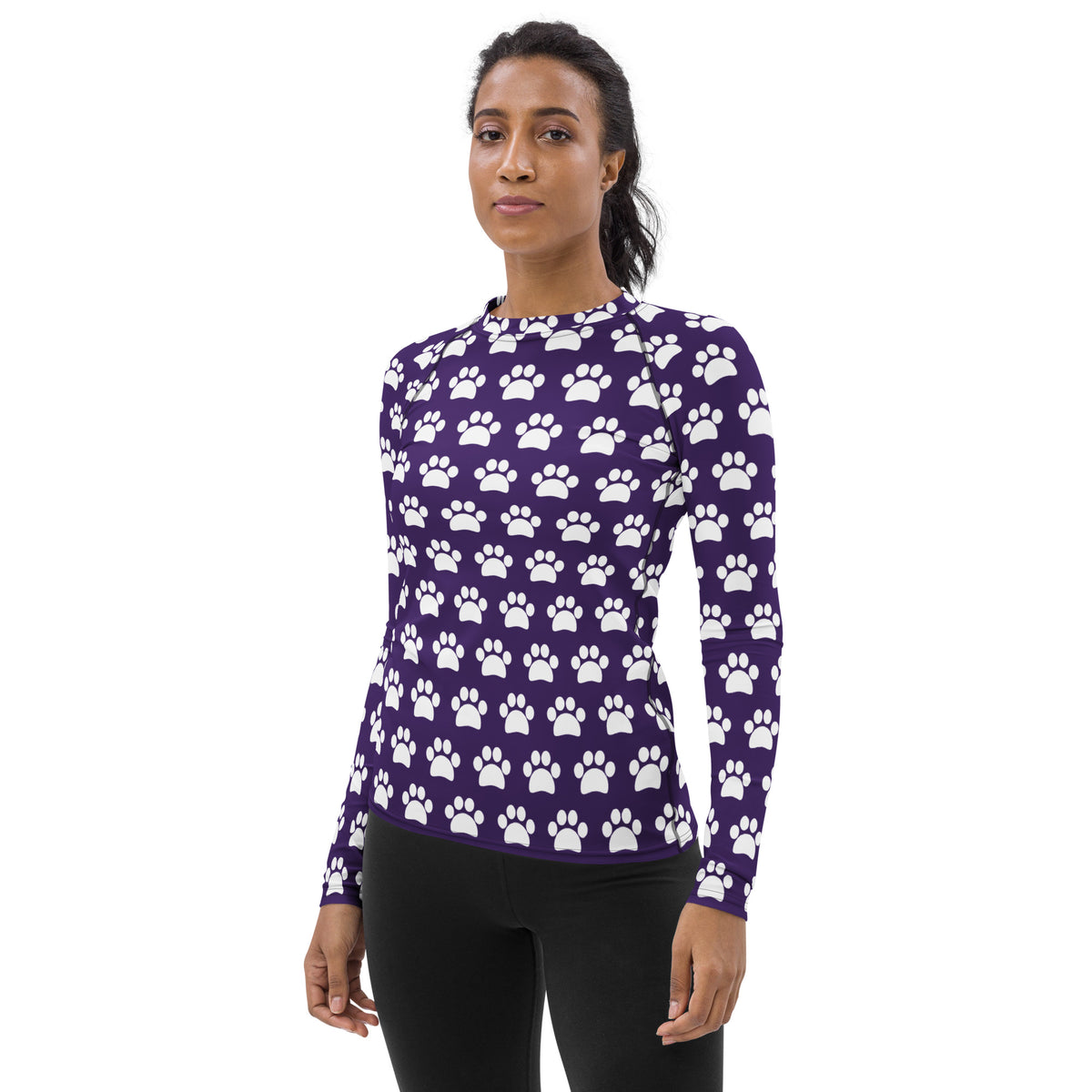 Women's Dark Purple Paw Print Long Sleeve Rash Guard Swim Shirt – Buttery Soft, Sun Safe UPF 50+ Protection, Quick Dry & 4-Way Stretch Comfort