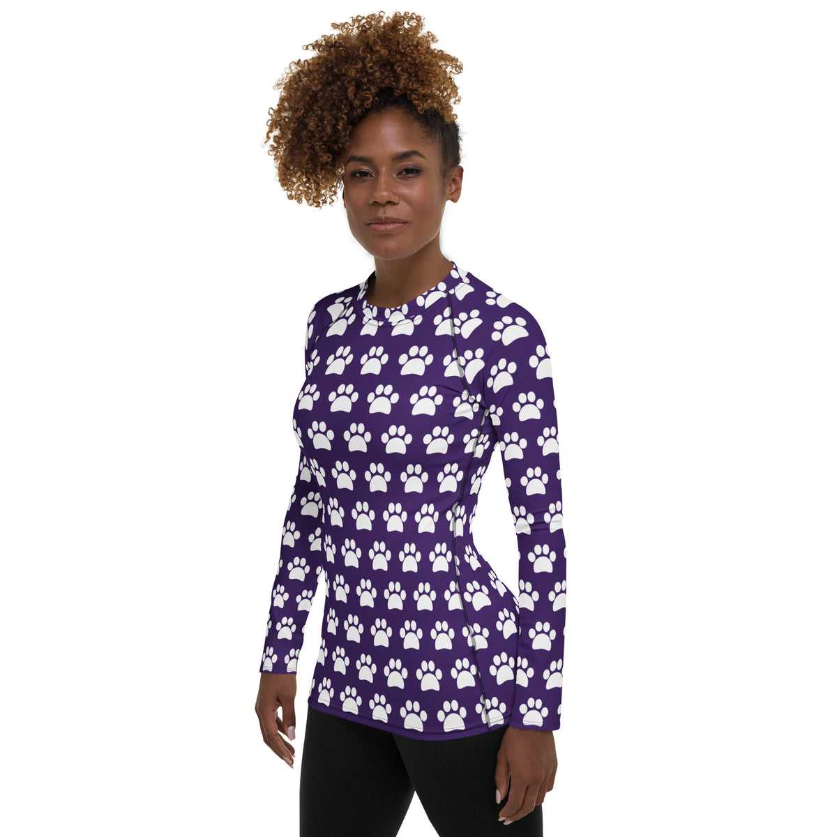 Women's Dark Purple Paw Print Long Sleeve Rash Guard Swim Shirt – Buttery Soft, Sun Safe UPF 50+ Protection, Quick Dry & 4-Way Stretch Comfort