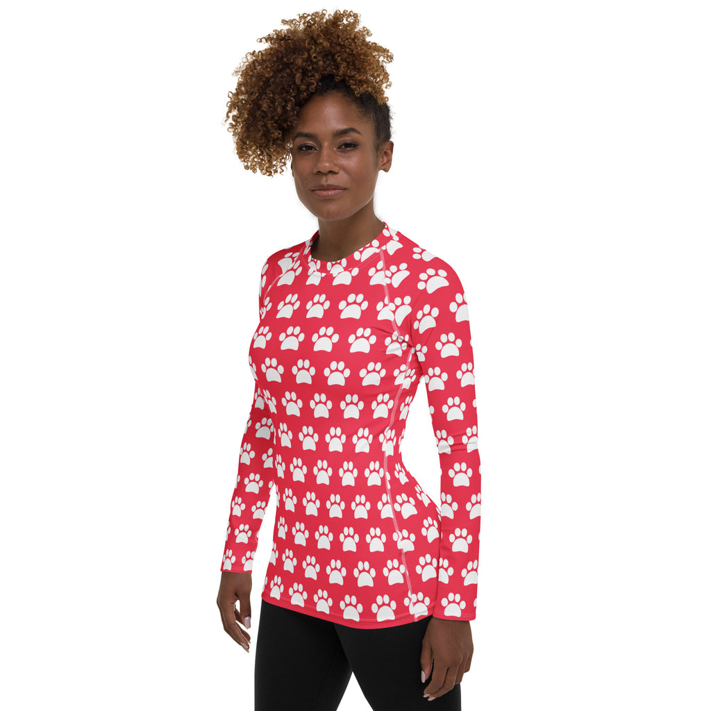 Women's Bright Pink Paw Print Long Sleeve Rash Guard Swim Shirt – Buttery Soft, Sun Safe UPF 50+ Protection, Quick Dry & 4-Way Stretch Comfort