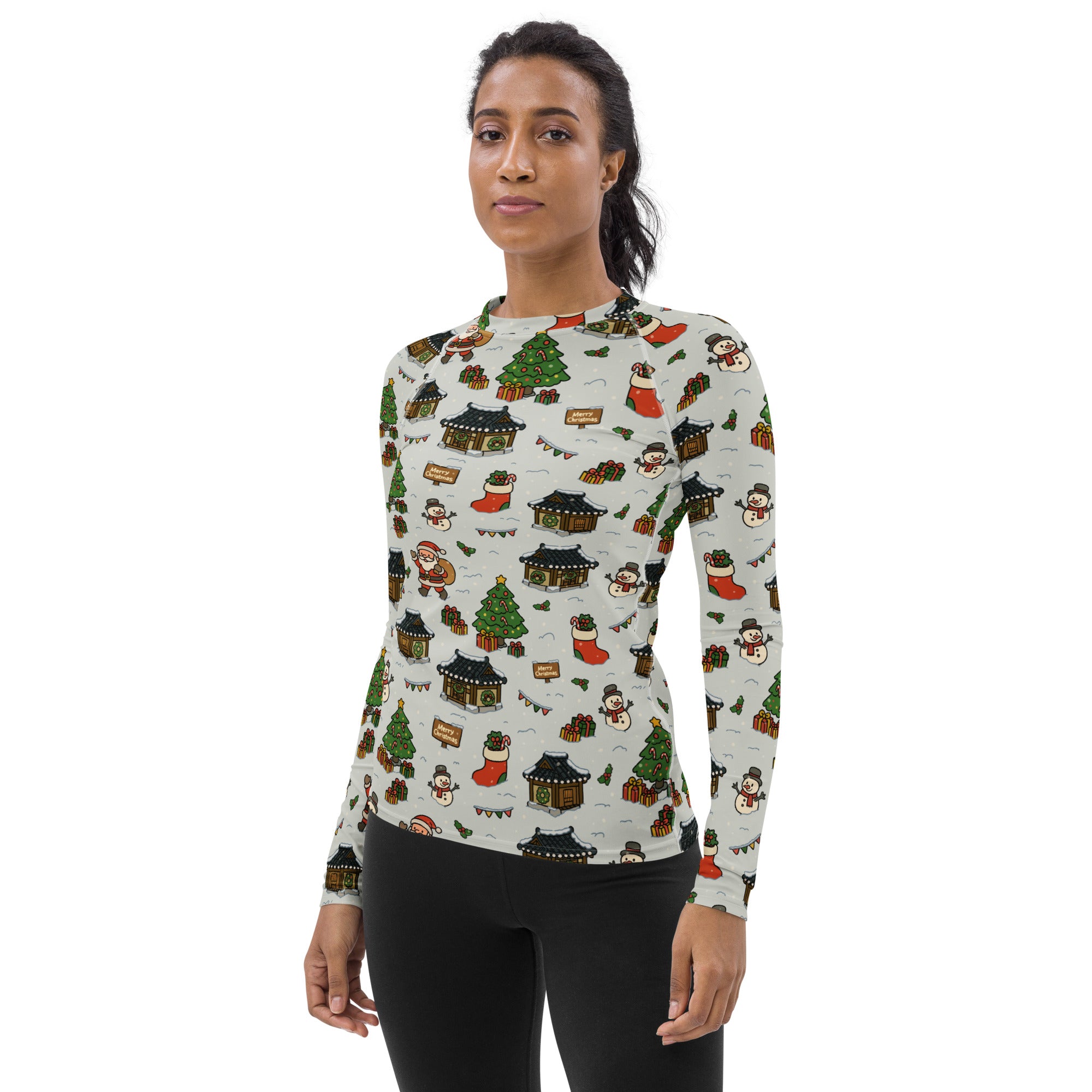 Women's Christmas Village Long Sleeve Rash Guard Swim Shirt – Buttery Soft, Sun Safe UPF 50+ Protection, Quick Dry & 4-Way Stretch Comfort