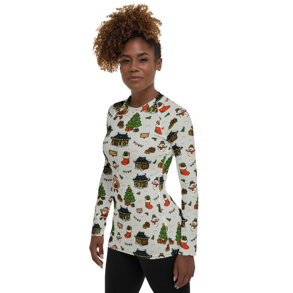 Women's Christmas Village Long Sleeve Rash Guard Swim Shirt – Buttery Soft, Sun Safe UPF 50+ Protection, Quick Dry & 4-Way Stretch Comfort