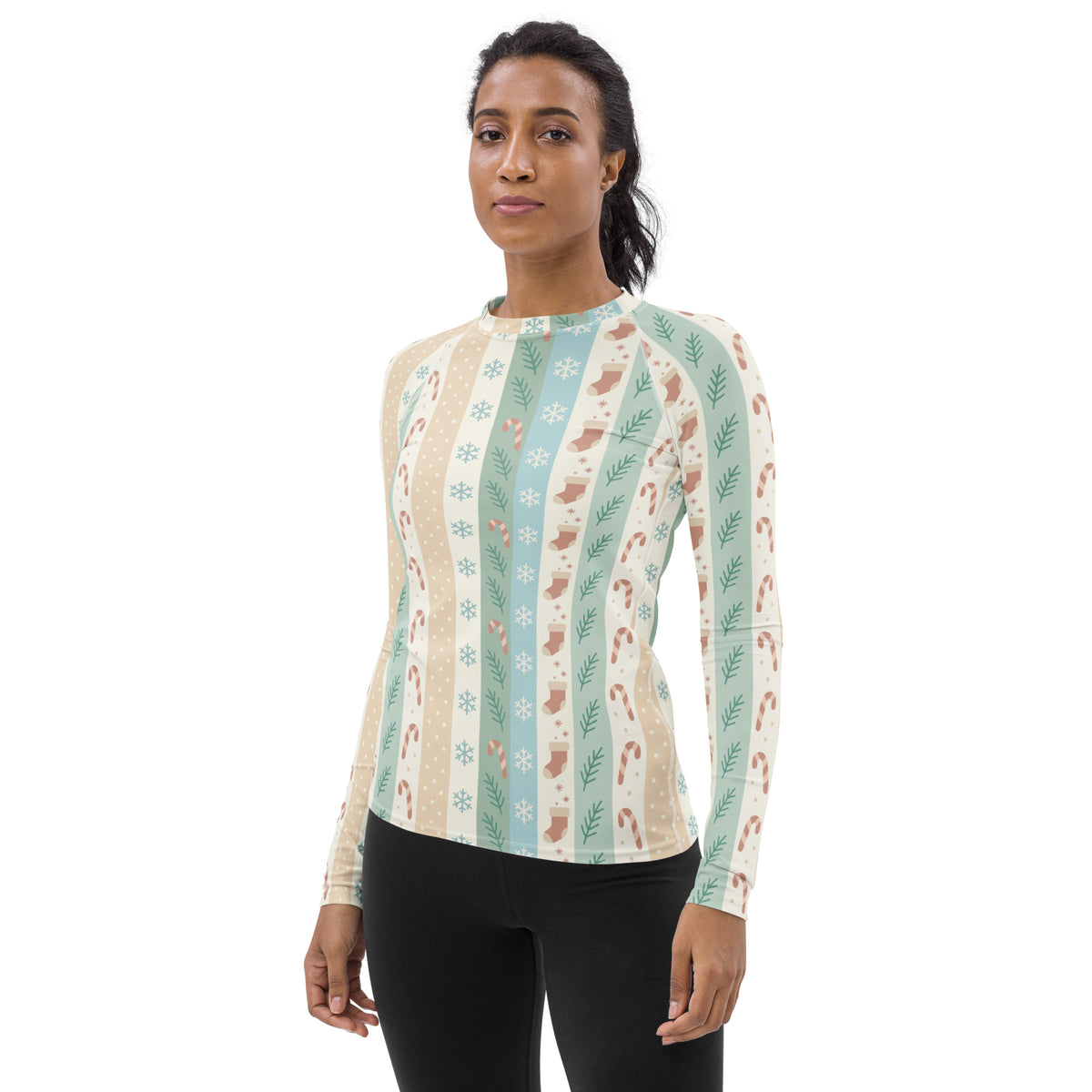 Women's Candy Cane Snowflake Holiday Stripe Long Sleeve Rash Guard Swim Shirt – Buttery Soft, Sun Safe UPF 50+ Protection, Quick Dry & 4-Way Stretch Comfort