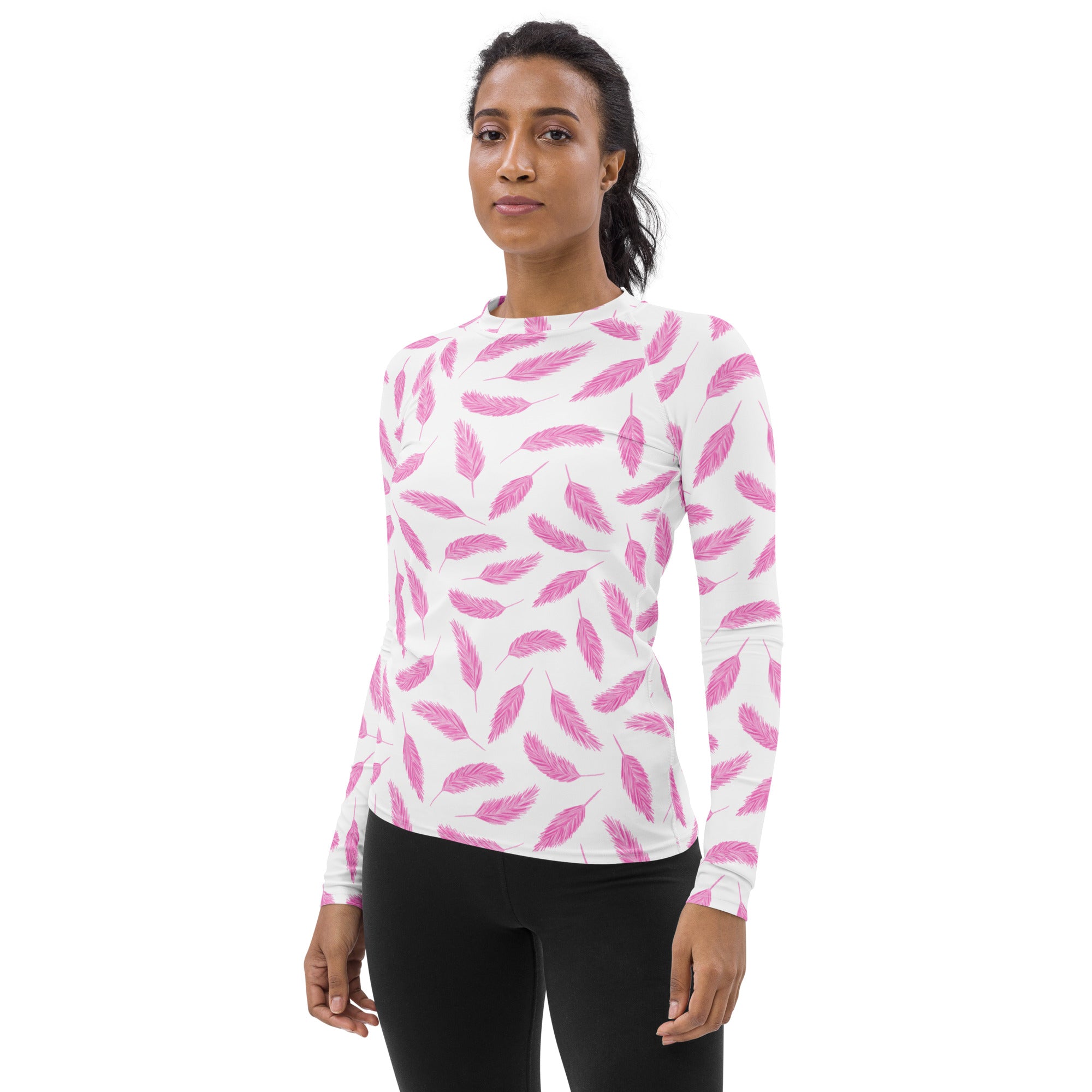 Women's Pink Flamingo Feather Long Sleeve Rash Guard Swim Shirt – Buttery Soft, Sun Safe UPF 50+ Protection, Quick Dry & 4-Way Stretch Comfort