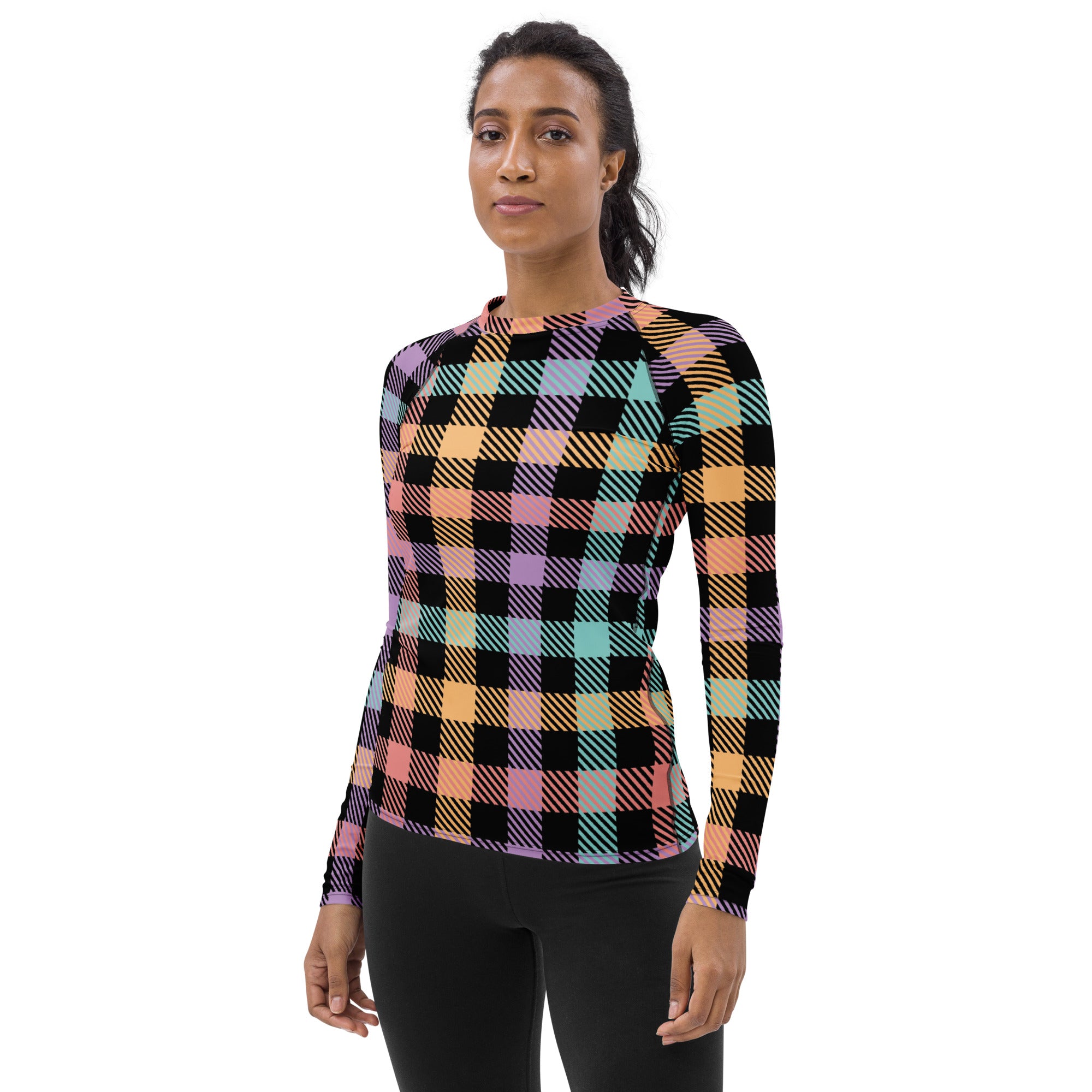 Women's Rainbow Plaid Long Sleeve Rash Guard Swim Shirt – Buttery Soft, Sun Safe UPF 50+ Protection, Quick Dry & 4-Way Stretch Comfort