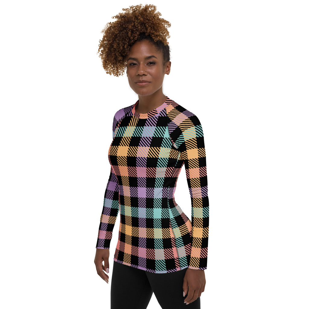 Women's Rainbow Plaid Long Sleeve Rash Guard Swim Shirt – Buttery Soft, Sun Safe UPF 50+ Protection, Quick Dry & 4-Way Stretch Comfort