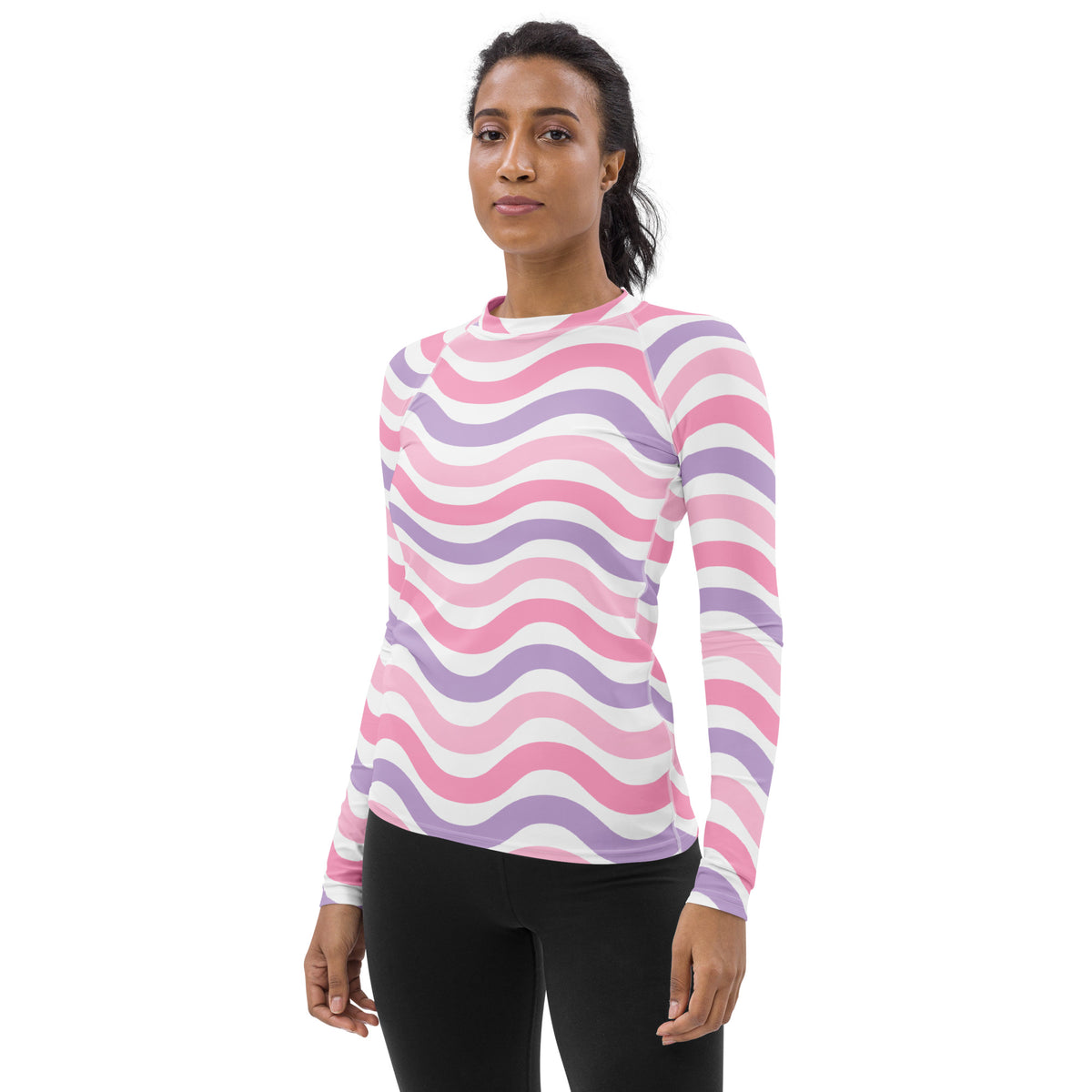 Women's Coastal Pink Purple Wavy Stripe Long Sleeve Rash Guard Swim Shirt – Buttery Soft, Sun Safe UPF 50+ Protection, Quick Dry & 4-Way Stretch Comfort