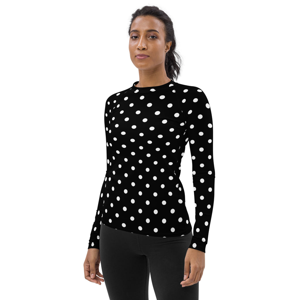 Women's Black Polka Dot Long Sleeve Rash Guard Swim Shirt – Buttery Soft, Sun Safe UPF 50+ Protection, Quick Dry & 4-Way Stretch Comfort