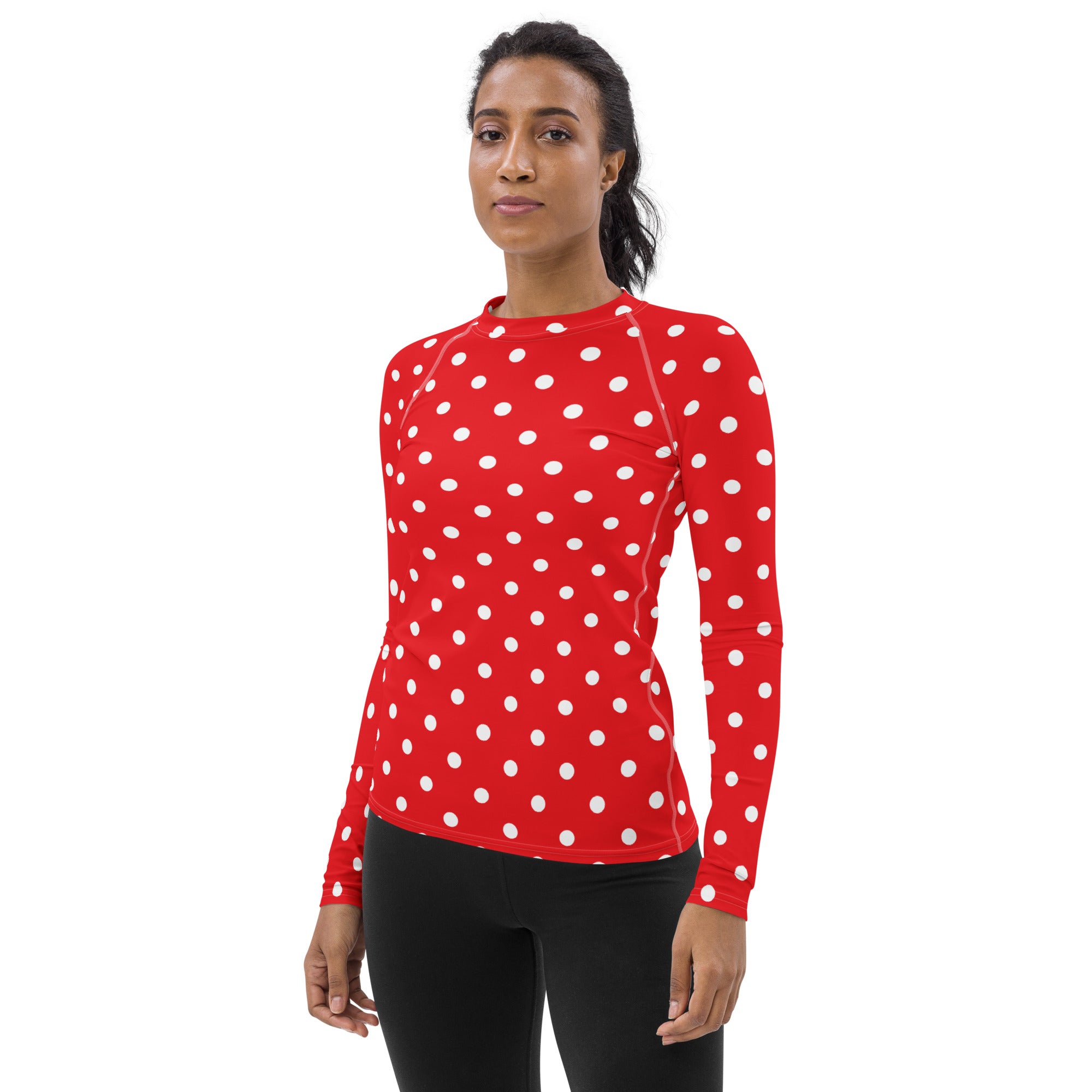 Women's Red Polka Dot Long Sleeve Rash Guard Swim Shirt – Buttery Soft, Sun Safe UPF 50+ Protection, Quick Dry & 4-Way Stretch Comfort