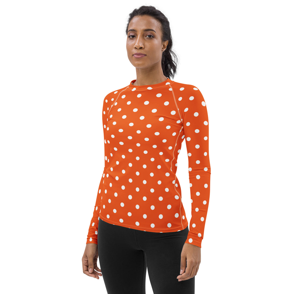 Women's Orange Polka Dot Long Sleeve Rash Guard Swim Shirt – Buttery Soft, Sun Safe UPF 50+ Protection, Quick Dry & 4-Way Stretch Comfort