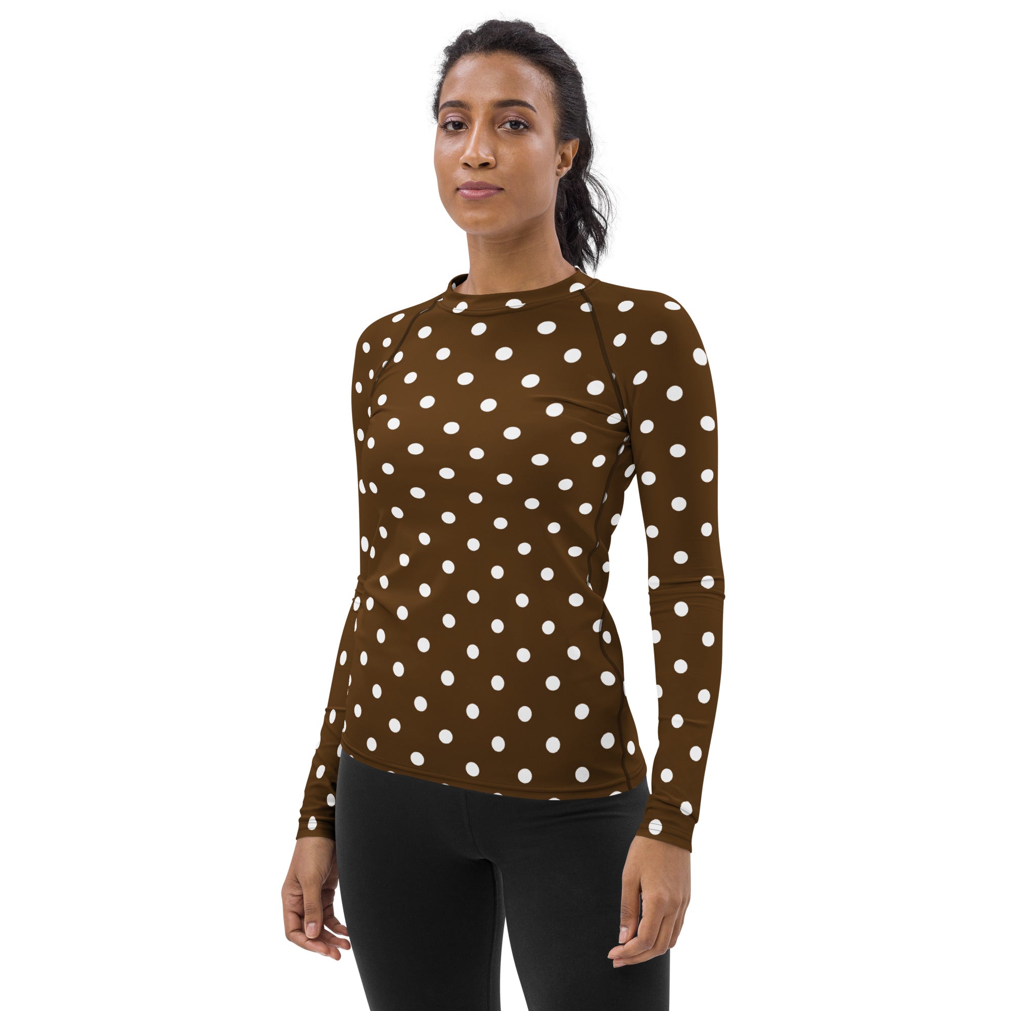 Women's Brown Polka Dot Long Sleeve Rash Guard Swim Shirt – Buttery Soft, Sun Safe UPF 50+ Protection, Quick Dry & 4-Way Stretch Comfort