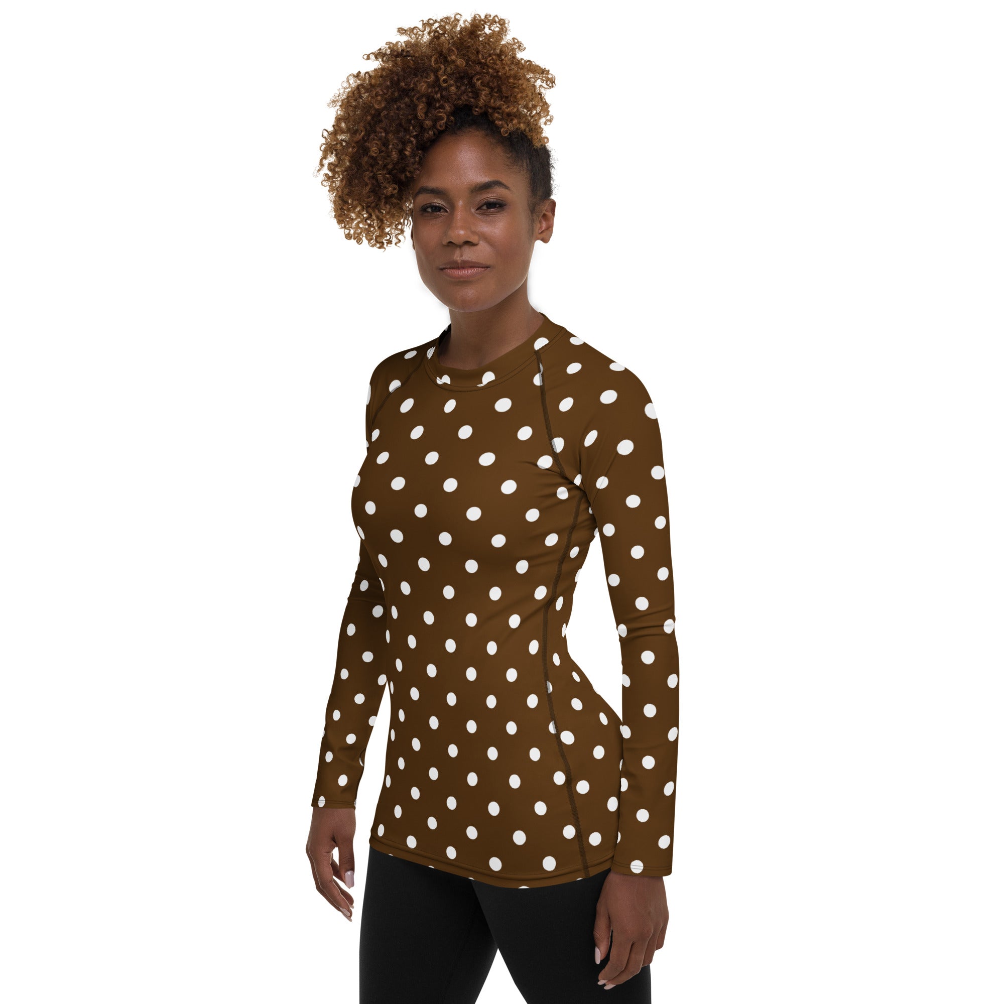 Women's Brown Polka Dot Long Sleeve Rash Guard Swim Shirt – Buttery Soft, Sun Safe UPF 50+ Protection, Quick Dry & 4-Way Stretch Comfort