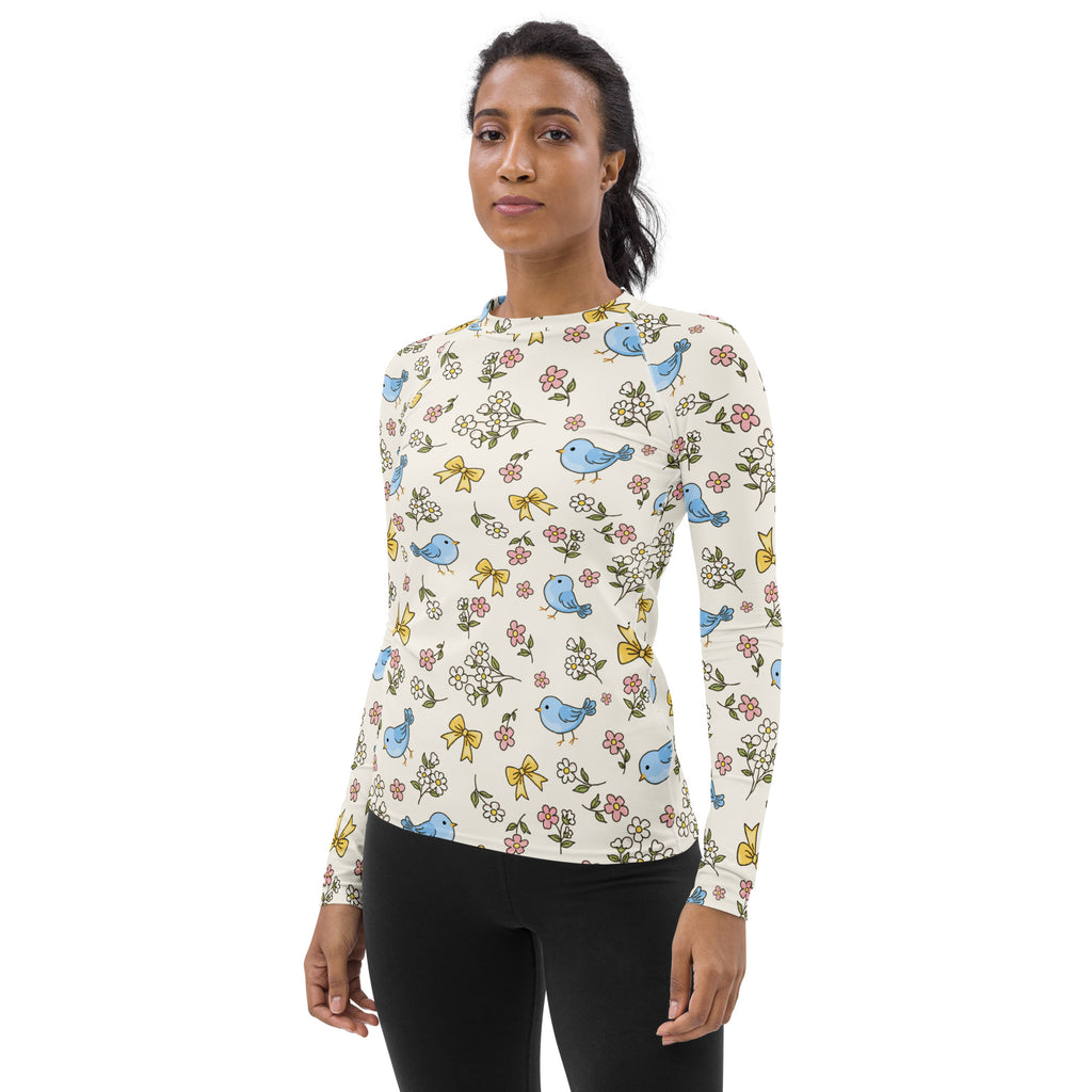 Women's Blue Bird Floral Long Sleeve Rash Guard Swim Shirt – Buttery Soft, Sun Safe UPF 50+ Protection, Quick Dry & 4-Way Stretch Comfort