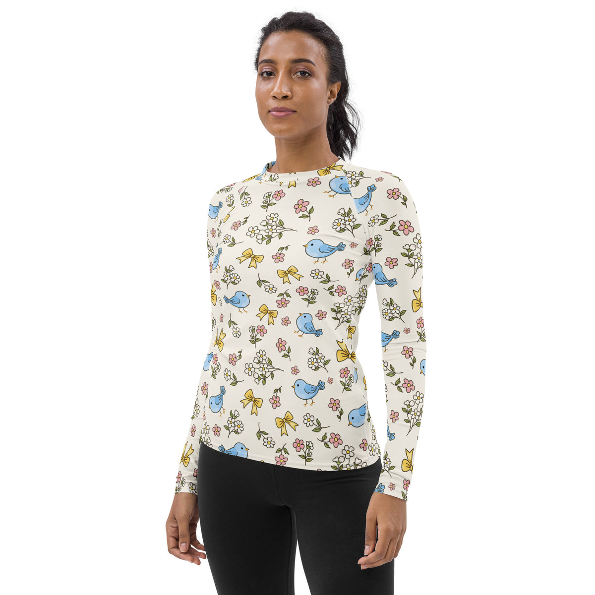 Women's Blue Bird Floral Long Sleeve Rash Guard Swim Shirt – Buttery Soft, Sun Safe UPF 50+ Protection, Quick Dry & 4-Way Stretch Comfort