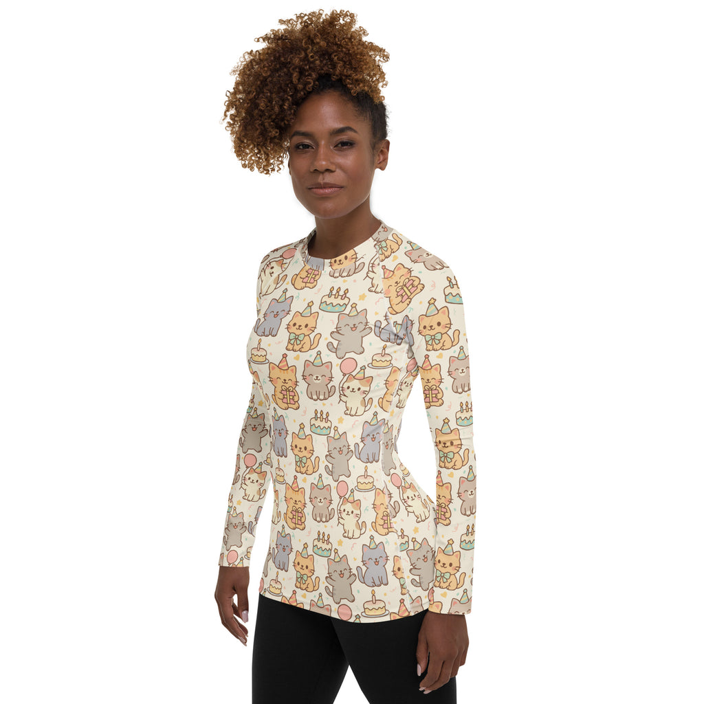Women's Kitten Birthday Long Sleeve Rash Guard Swim Shirt – Buttery Soft, Sun Safe UPF 50+ Protection, Quick Dry & 4-Way Stretch Comfort