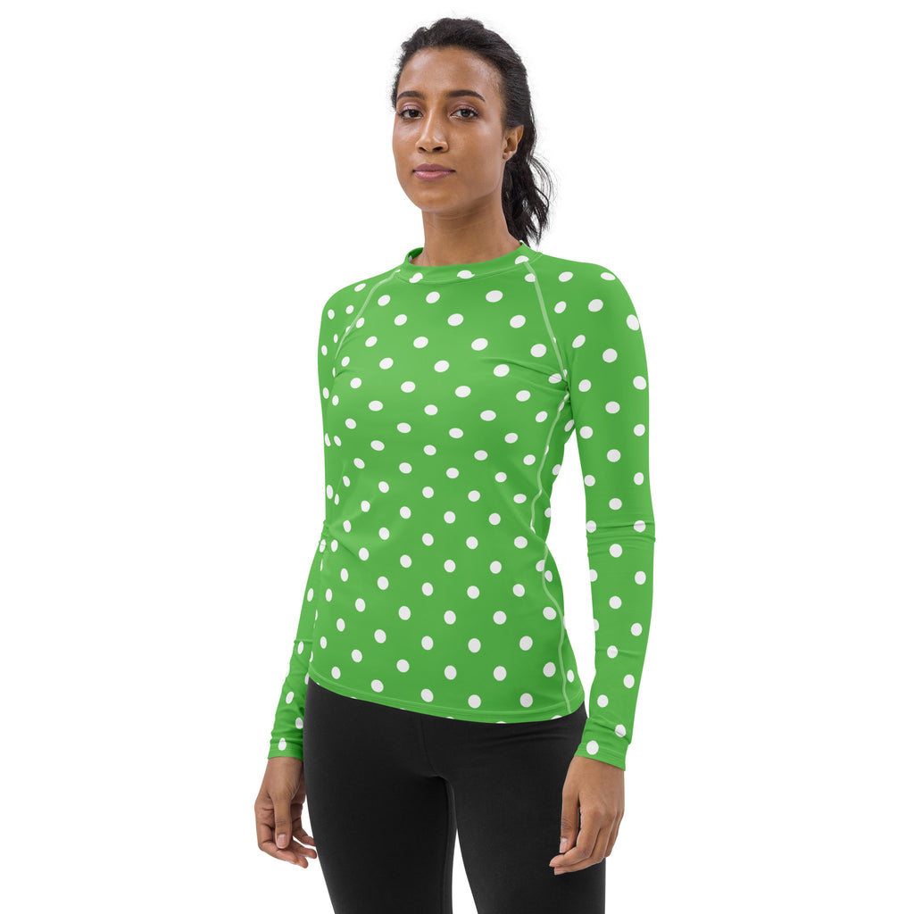 Women's Green Polka Dot Long Sleeve Rash Guard Swim Shirt – Buttery Soft, Sun Safe UPF 50+ Protection, Quick Dry & 4-Way Stretch Comfort