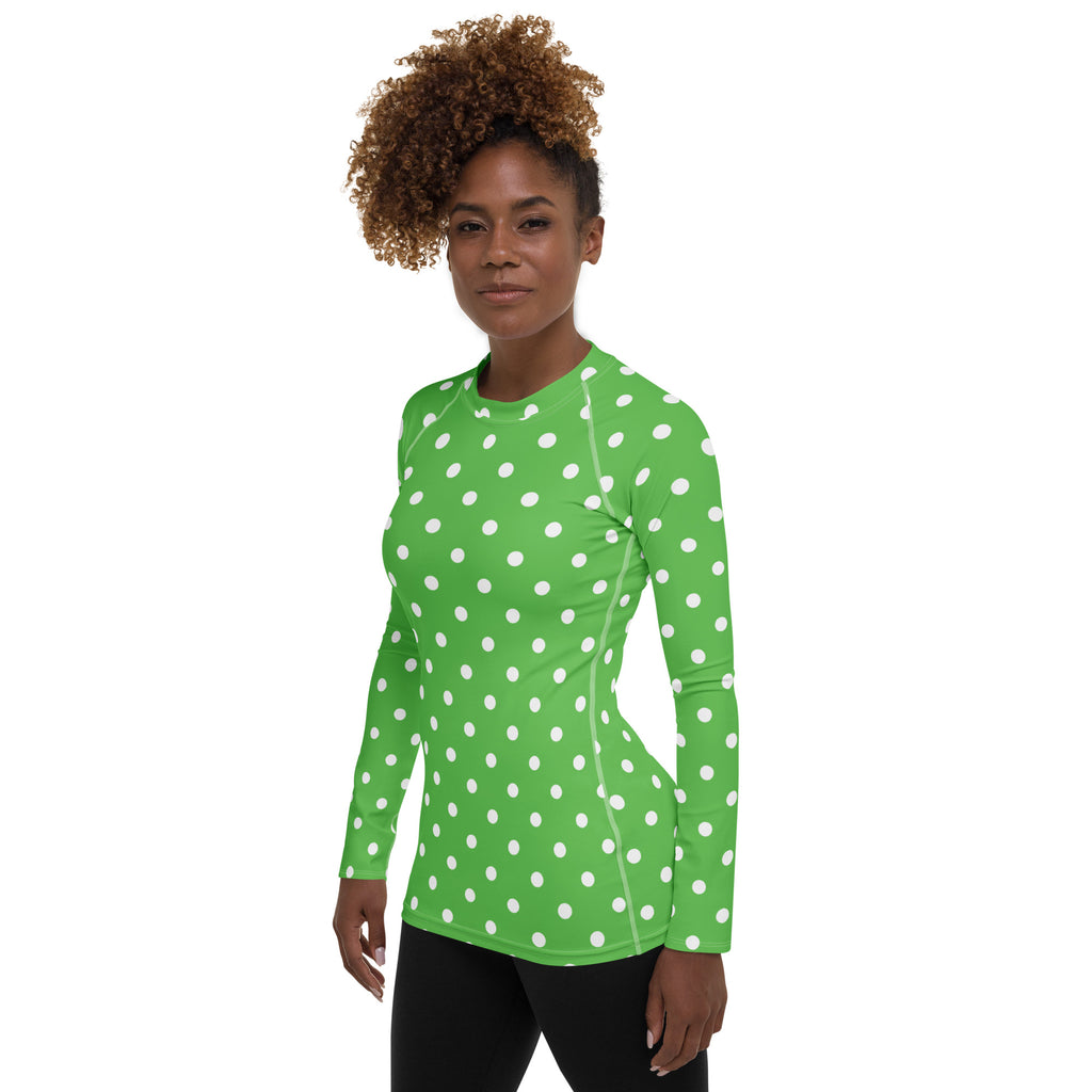 Women's Green Polka Dot Long Sleeve Rash Guard Swim Shirt – Buttery Soft, Sun Safe UPF 50+ Protection, Quick Dry & 4-Way Stretch Comfort