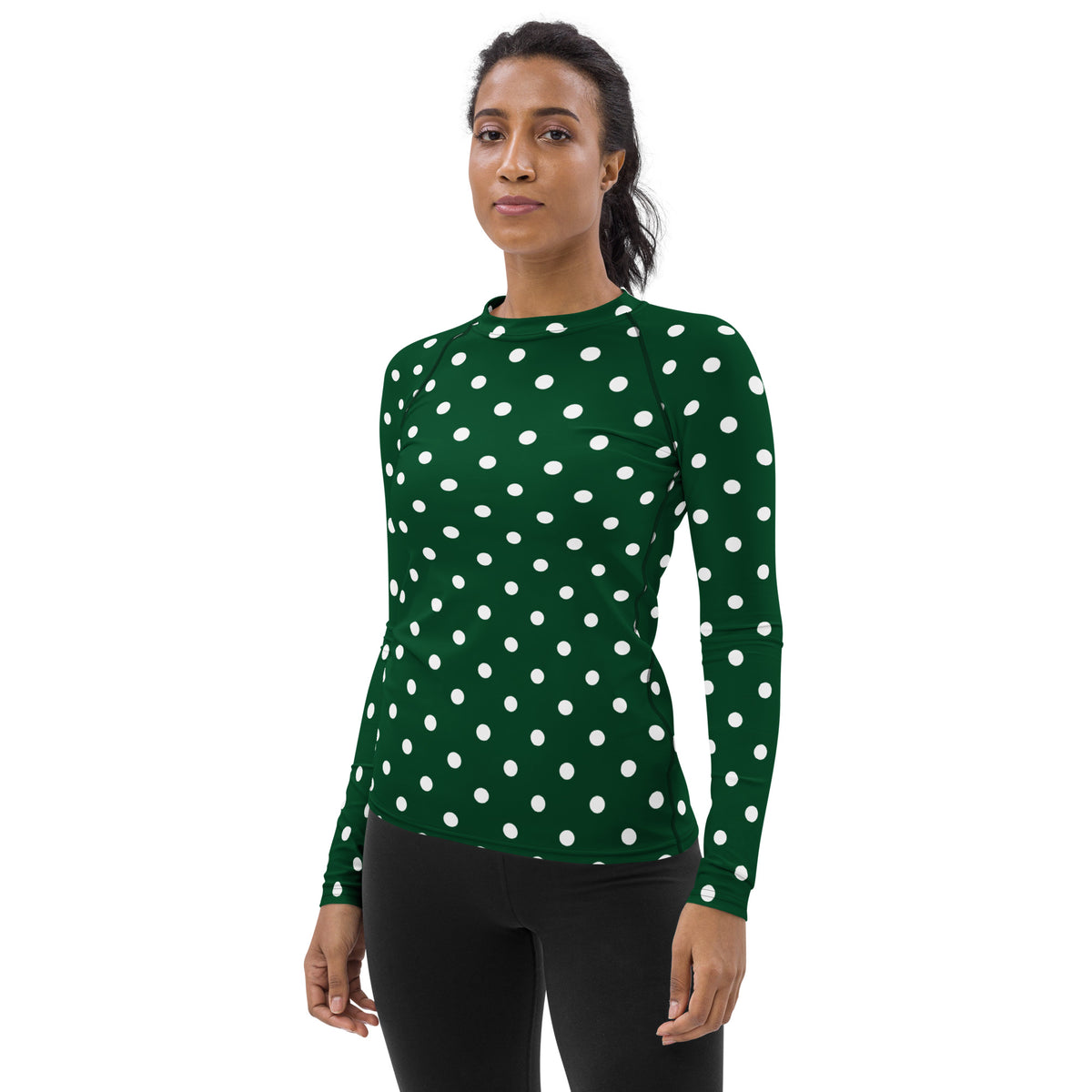 Women's Forest Green Polka Dot Long Sleeve Rash Guard Swim Shirt – Buttery Soft, Sun Safe UPF 50+ Protection, Quick Dry & 4-Way Stretch Comfort