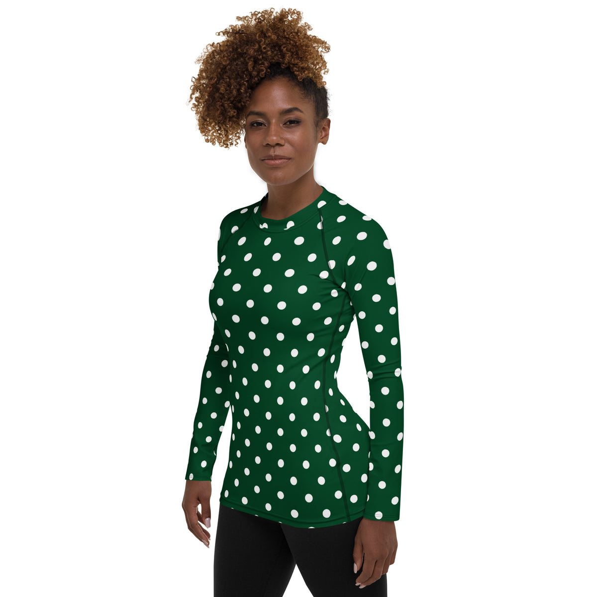 Women's Forest Green Polka Dot Long Sleeve Rash Guard Swim Shirt – Buttery Soft, Sun Safe UPF 50+ Protection, Quick Dry & 4-Way Stretch Comfort