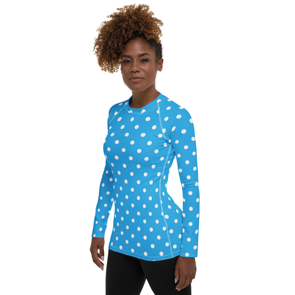 Women's Sky Blue Polka Dot Long Sleeve Rash Guard Swim Shirt – Buttery Soft, Sun Safe UPF 50+ Protection, Quick Dry & 4-Way Stretch Comfort