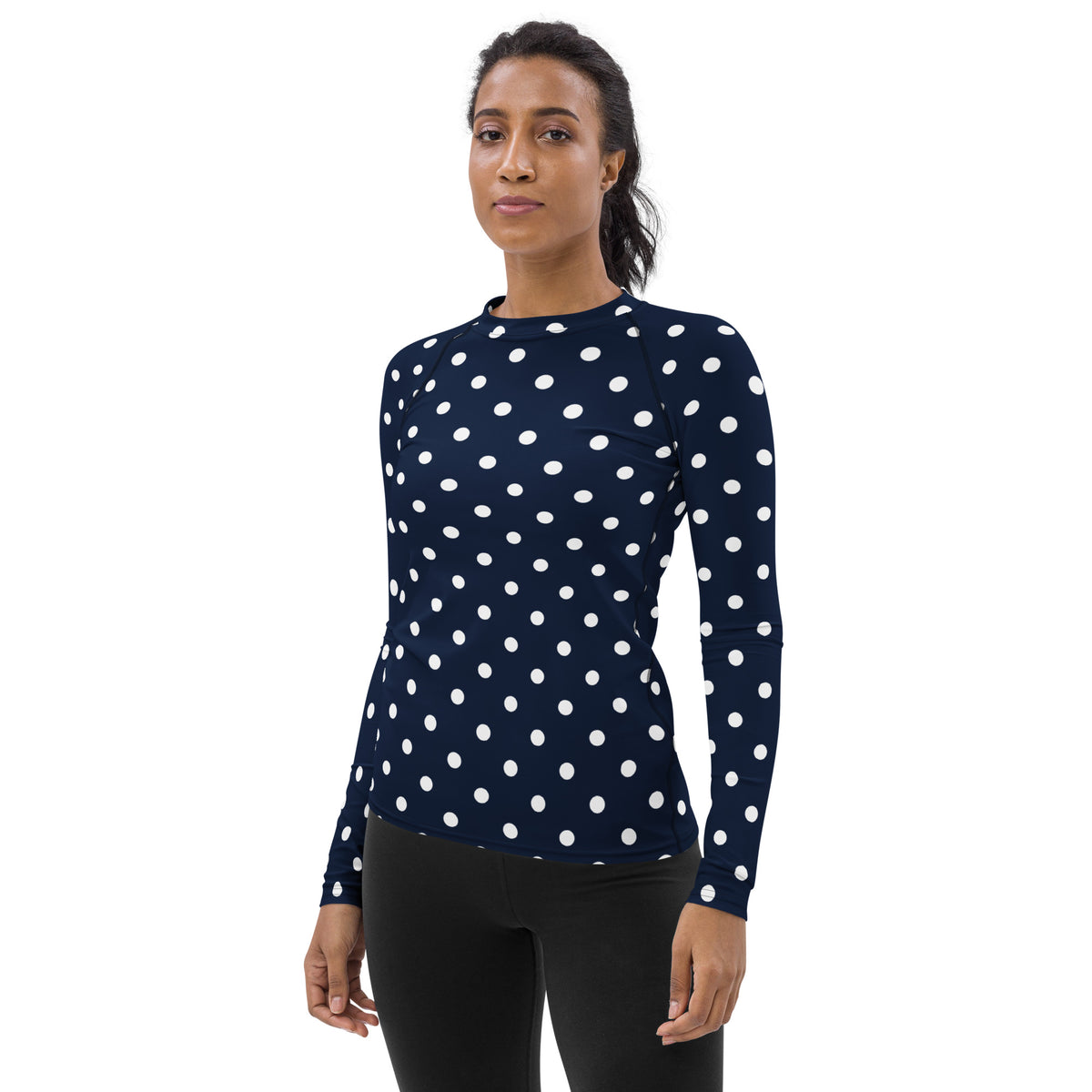 Women's Navy Blue Polka Dot Long Sleeve Rash Guard Swim Shirt – Buttery Soft, Sun Safe UPF 50+ Protection, Quick Dry & 4-Way Stretch Comfort