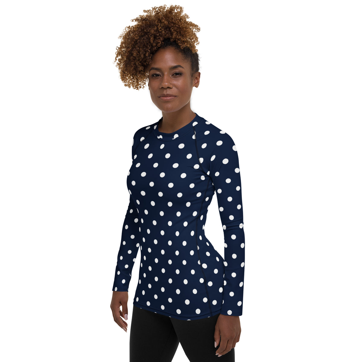 Women's Navy Blue Polka Dot Long Sleeve Rash Guard Swim Shirt – Buttery Soft, Sun Safe UPF 50+ Protection, Quick Dry & 4-Way Stretch Comfort