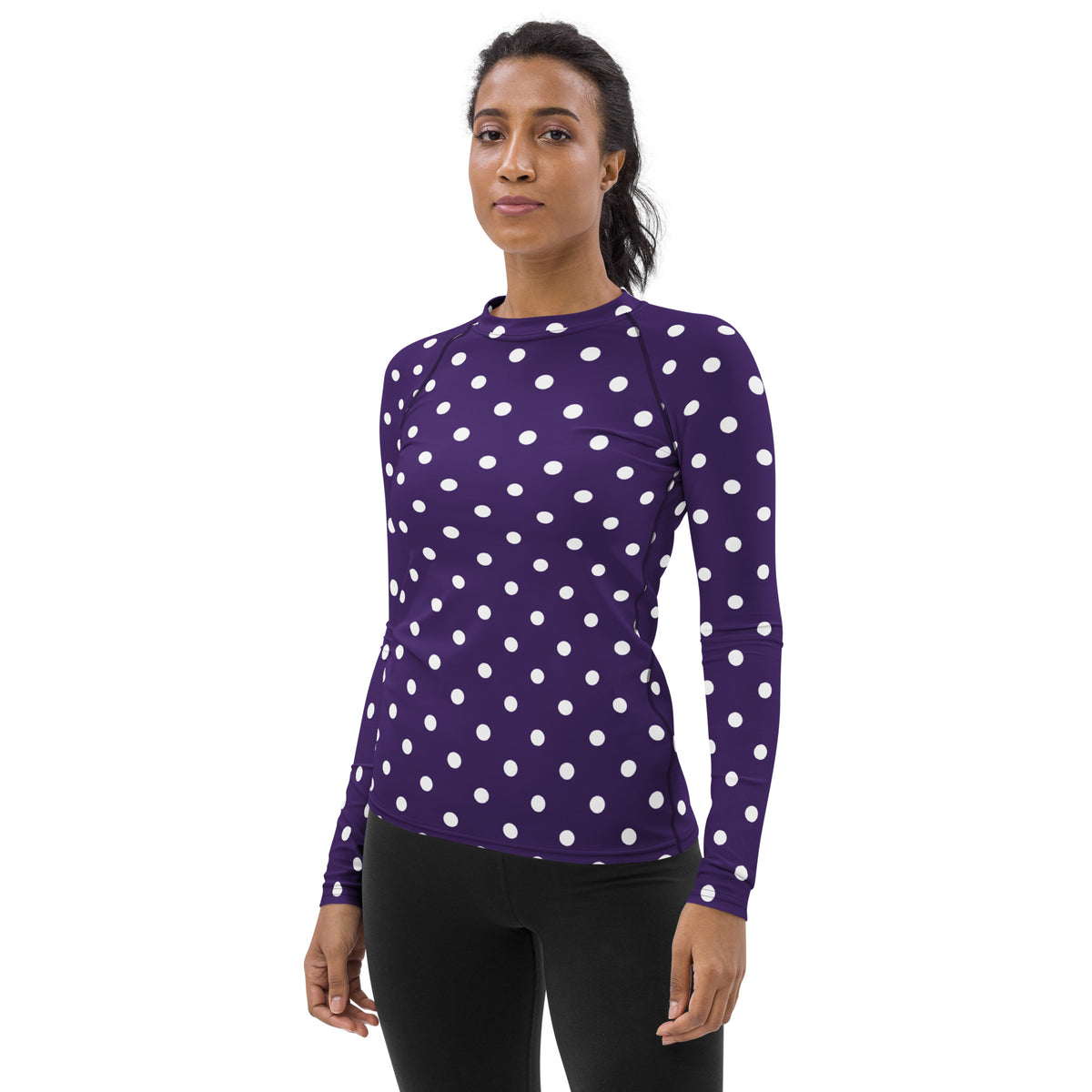 Women's Dark Purple Polka Dot Long Sleeve Rash Guard Swim Shirt – Buttery Soft, Sun Safe UPF 50+ Protection, Quick Dry & 4-Way Stretch Comfort
