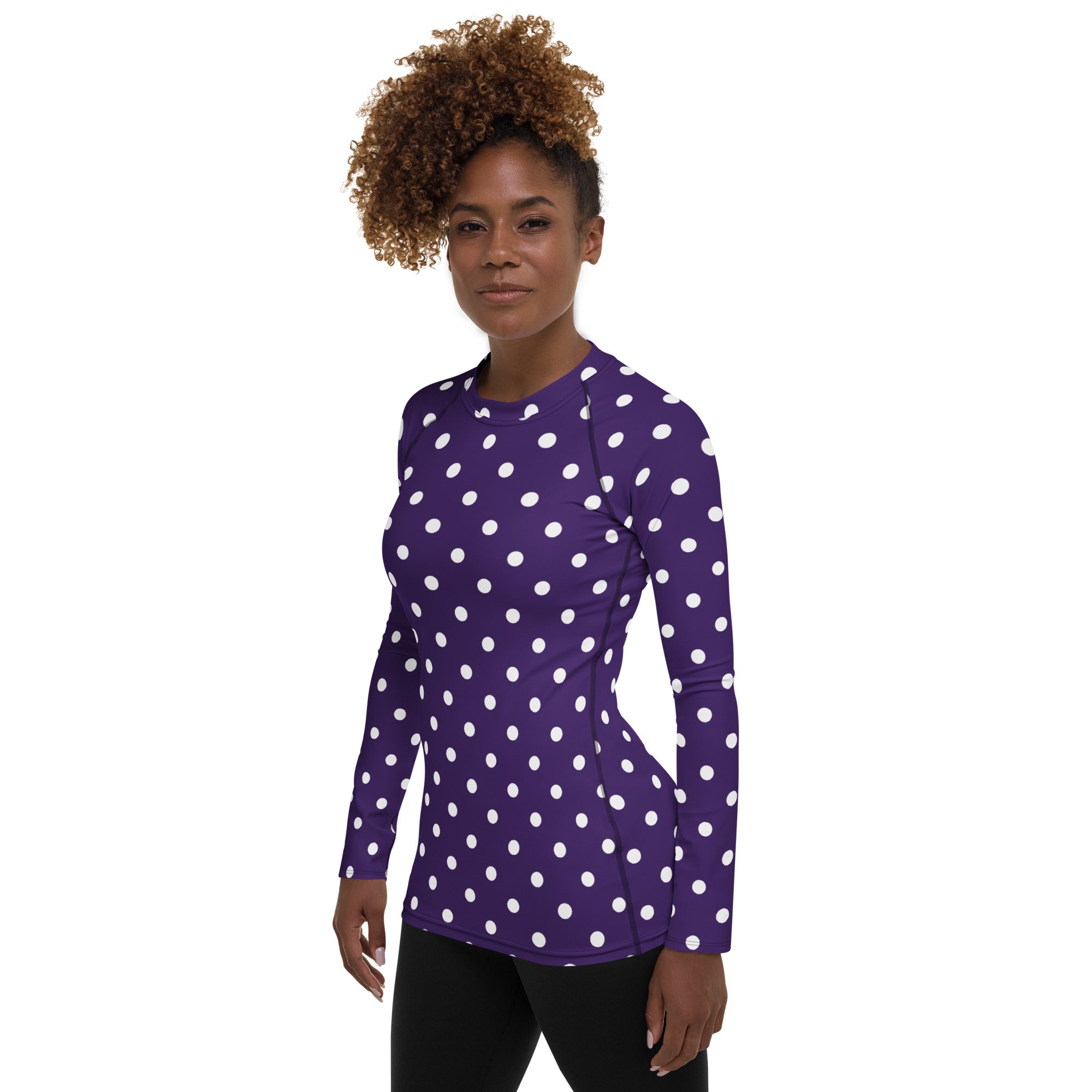 Women's Dark Purple Polka Dot Long Sleeve Rash Guard Swim Shirt – Buttery Soft, Sun Safe UPF 50+ Protection, Quick Dry & 4-Way Stretch Comfort