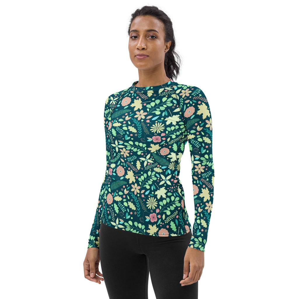 Women's Dark Green Floral Long Sleeve Rash Guard Swim Shirt – Buttery Soft, Sun Safe UPF 50+ Protection, Quick Dry & 4-Way Stretch Comfort