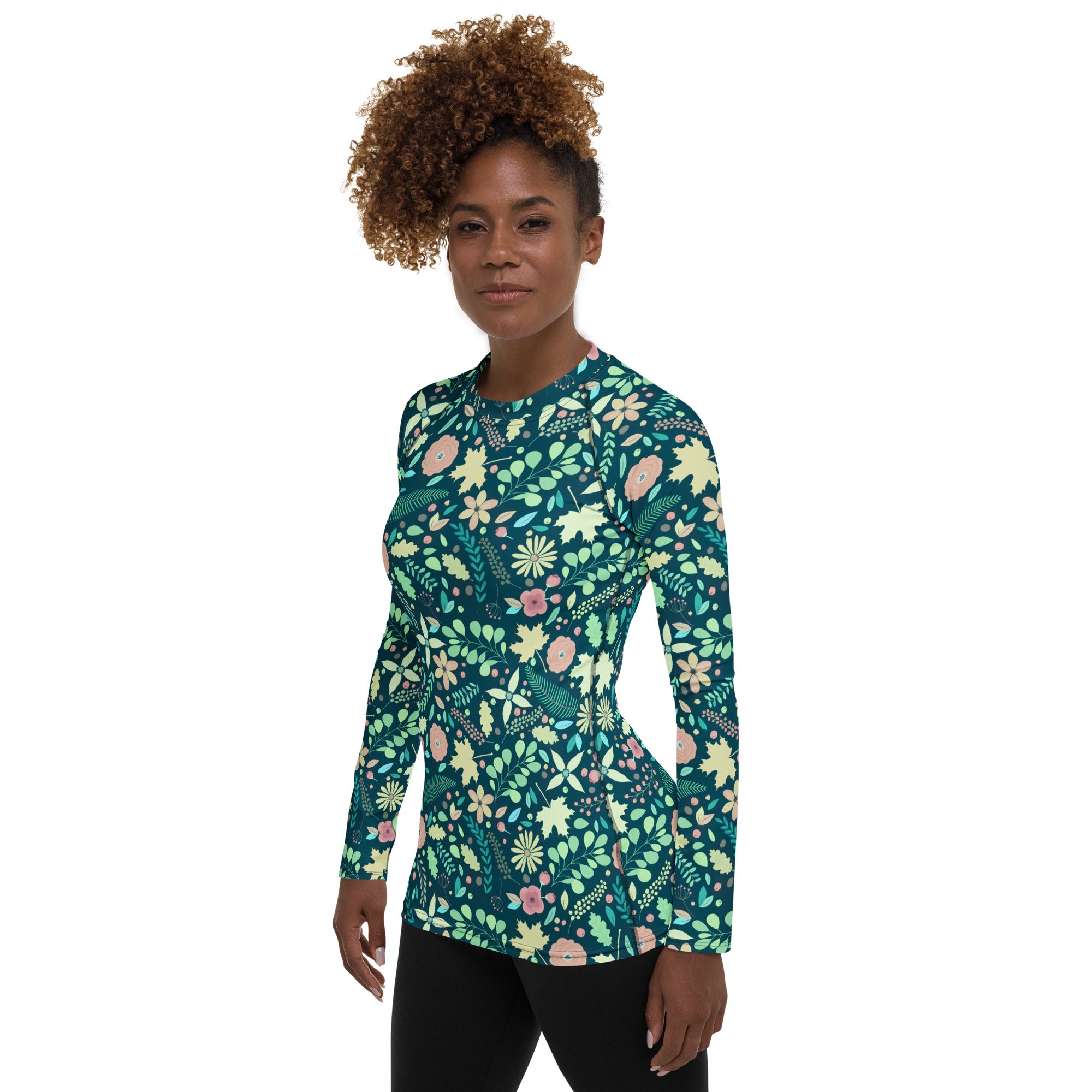 Women's Dark Green Floral Long Sleeve Rash Guard Swim Shirt – Buttery Soft, Sun Safe UPF 50+ Protection, Quick Dry & 4-Way Stretch Comfort