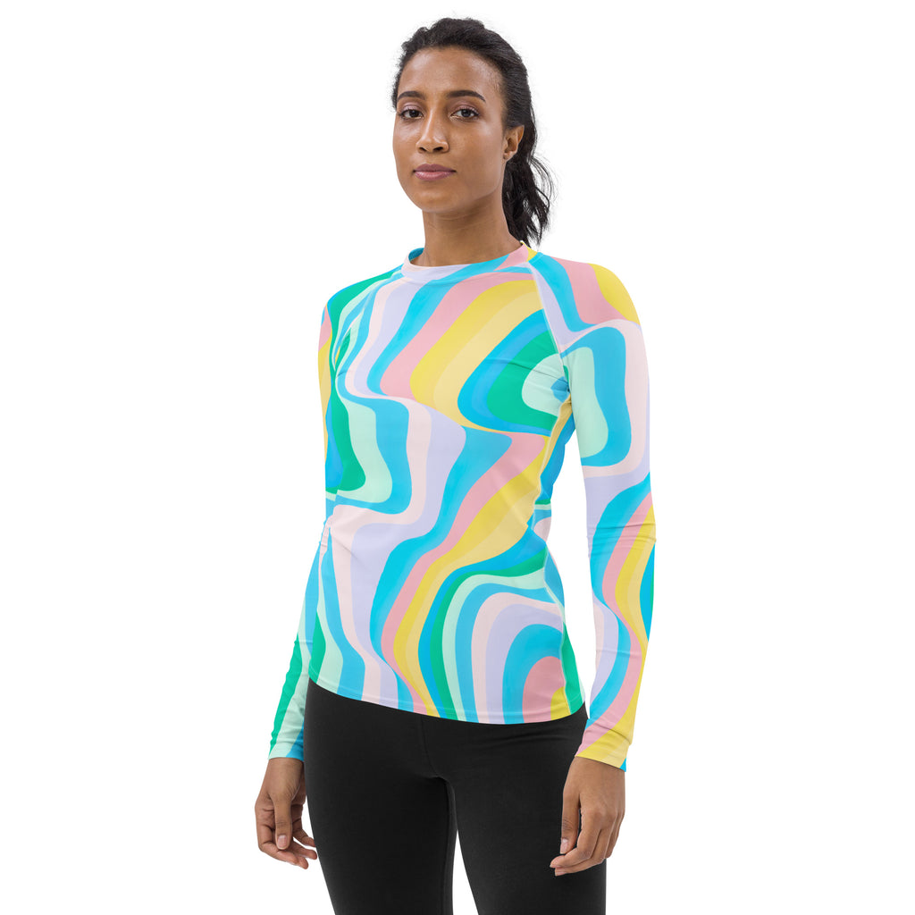 Women's Abstract Green Wavy Stripes Long Sleeve Rash Guard Swim Shirt – Buttery Soft, Sun Safe UPF 50+ Protection, Quick Dry & 4-Way Stretch Comfort
