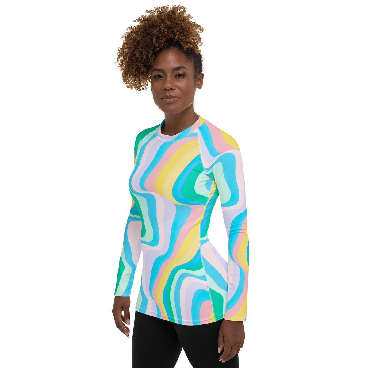 Women's Abstract Green Wavy Stripes Long Sleeve Rash Guard Swim Shirt – Buttery Soft, Sun Safe UPF 50+ Protection, Quick Dry & 4-Way Stretch Comfort