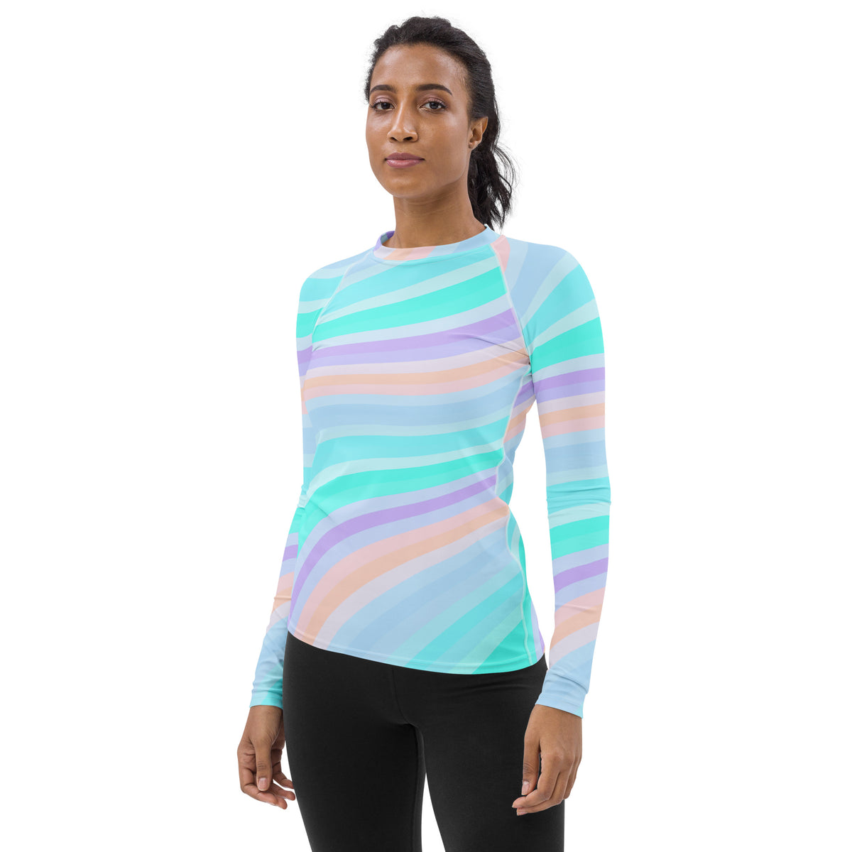 Women's Pastel Ocean Wave Long Sleeve Rash Guard Swim Shirt – Buttery Soft, Sun Safe UPF 50+ Protection, Quick Dry & 4-Way Stretch Comfort